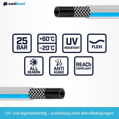 Furtun de grădină CELLFAST, furtun de apă cu 3 straturi pentru grădină, armare durabilă cu fire, furtun flexibil pentru irigații, rezistent la UV, anti-alge, 3,4 inch, lungime 20 metri