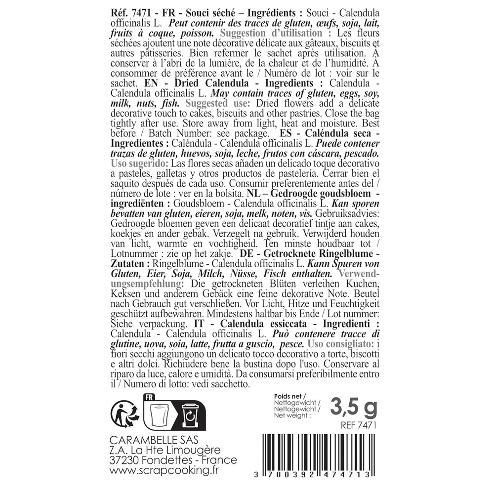 ScrapCooking - Calendule essiccate 3,5 g - Fiori commestibili - Decorazioni alimentari per dolci - Per dessert, torte, crostate, muffin - Natale, primavera, compleanno - Giallo dorato - 7471