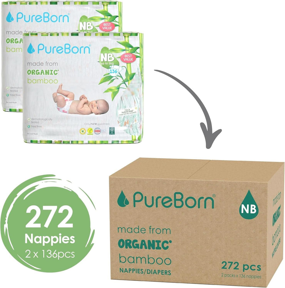 Pannolini Pureborn Eco bambù organico, taglia neonato (fino a 5 kg), ecologici, ipoallergenici, ultra morbidi, con indicatore di umidità, varie stampe Mother and Baby Naty Shop