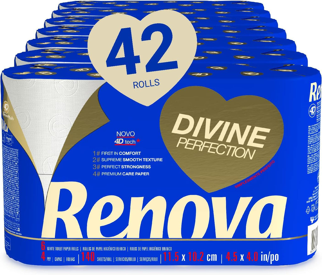 Hârtie igienică Renova Renova Divine Perfection, 42 role, hârtie igienică premium, 4 straturi, ultra moale, rezistență sporită, grosime, moale și absorbantă, hârtie certificată Fsc, 4400 G