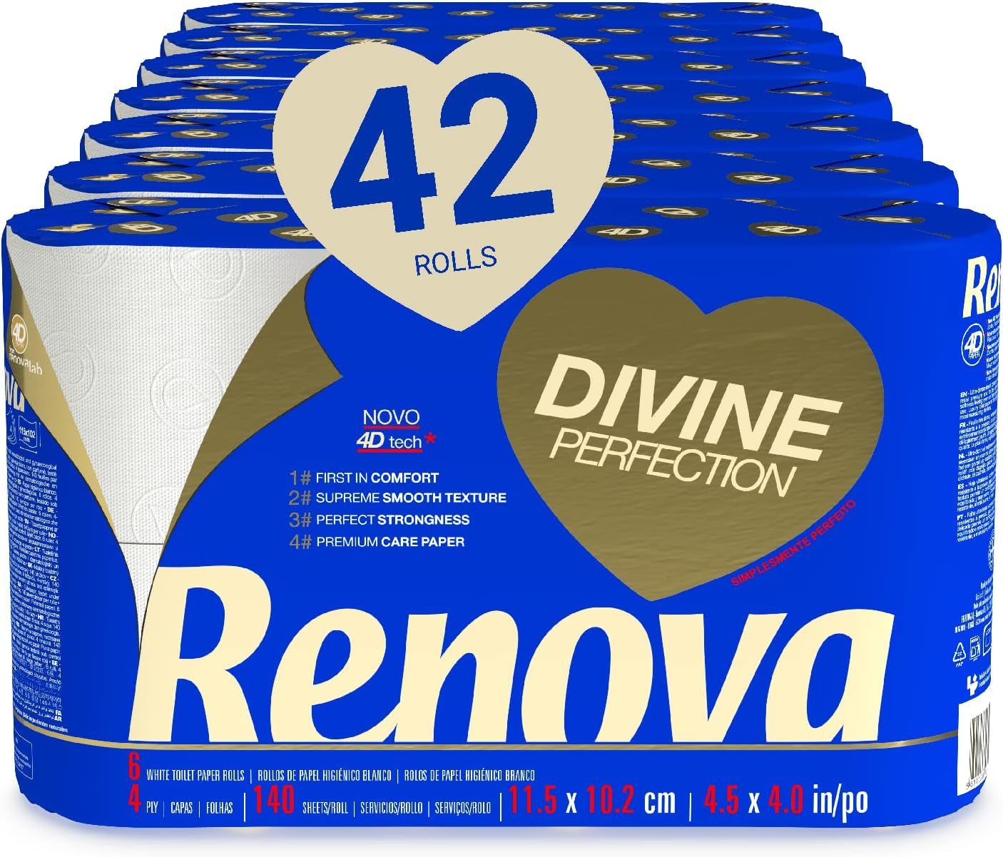 Hârtie igienică Renova Renova Divine Perfection, 42 role, hârtie igienică premium, 4 straturi, ultra moale, rezistență sporită, grosime, moale și absorbantă, hârtie certificată Fsc, 4400 G