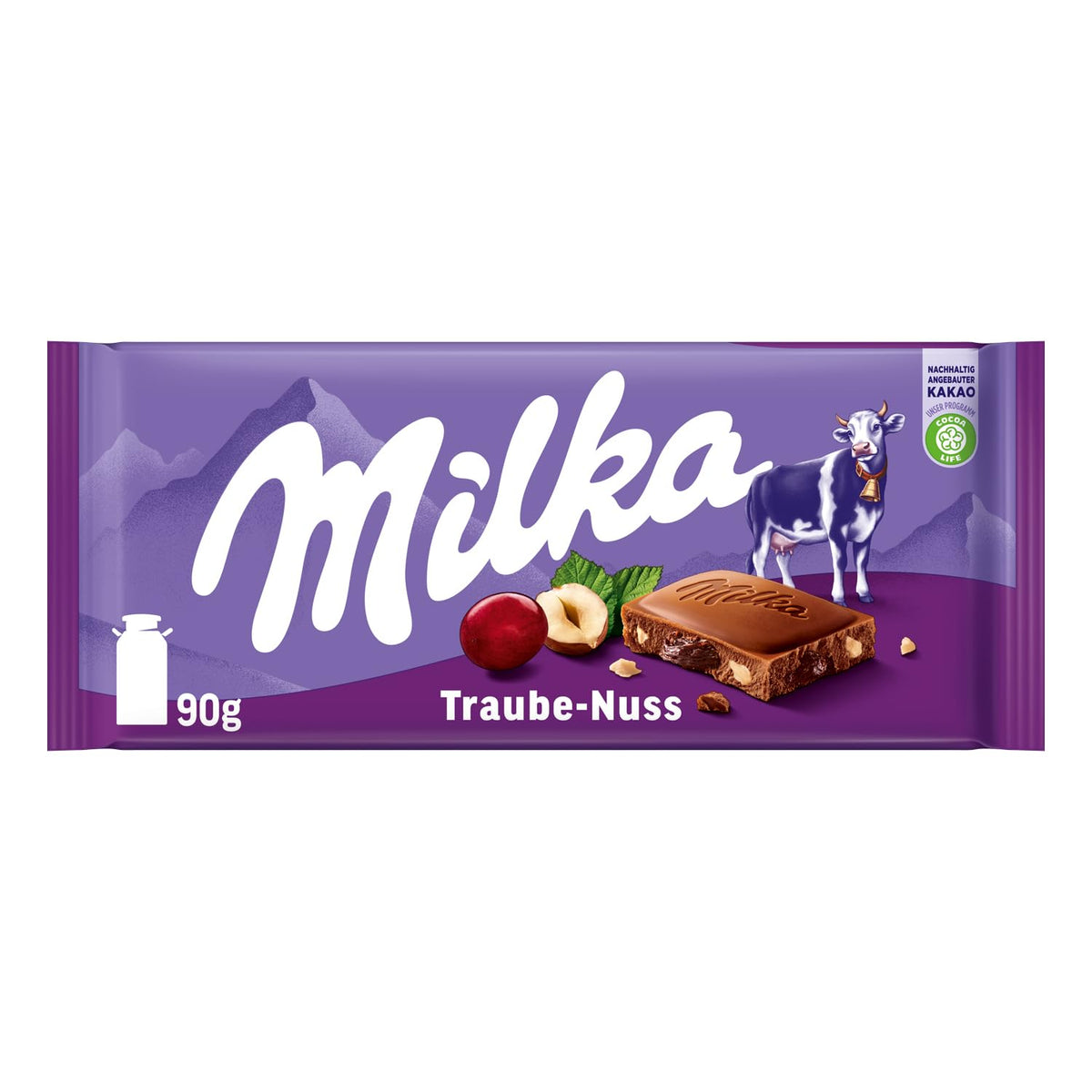 Milka Uva e Nocciole – Cioccolato al latte alpino con pezzi di nocciole e uvetta – 90g
