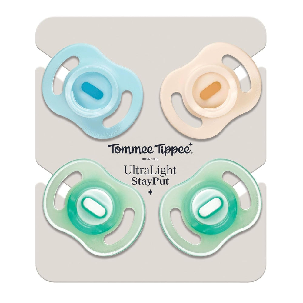 Suzete Tommee Tippee Ultra-Light StayPut și Night Glow, 0-6 luni, pachet de 4, design din silicon dintr-o singură bucată, senzație moale pe piele