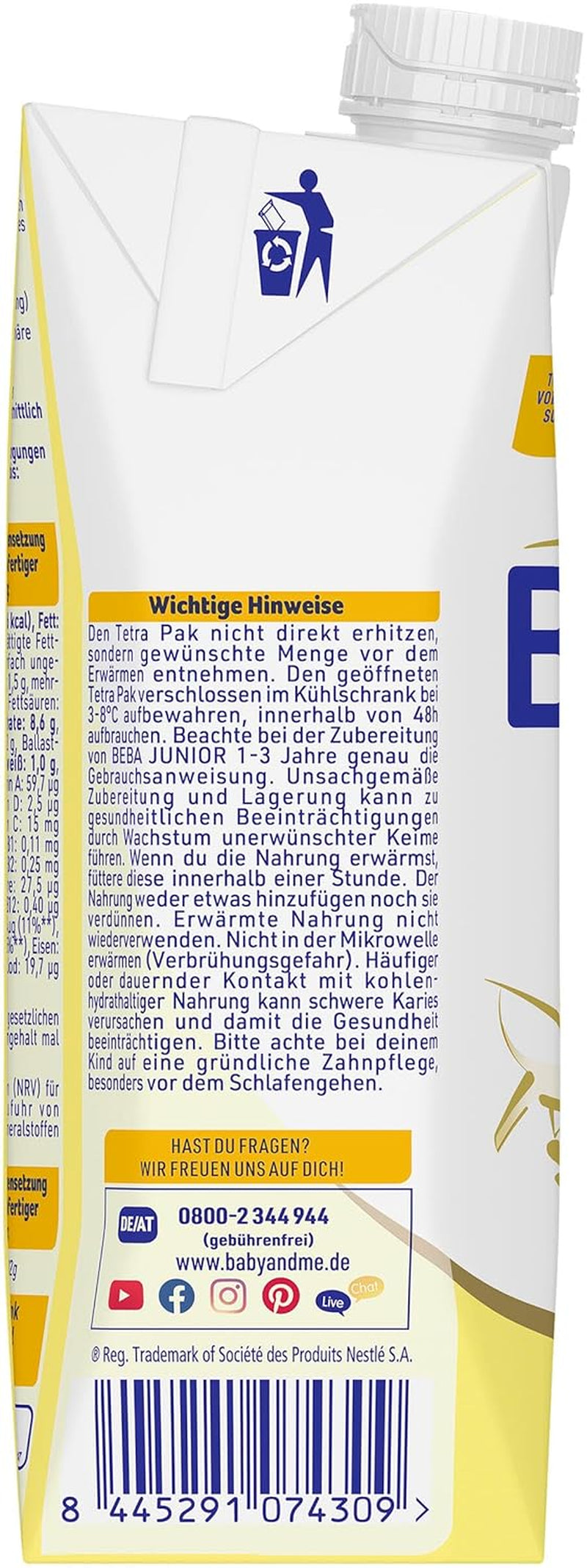 BEBA Junior, bevanda a base di latte pronta da bere per 1-3 anni, con HMO, contenuto proteico adeguato all'età, senza olio di palma, senza olio di pesce, alimenti per bambini, confezione da 12 (12 x 500 ml)