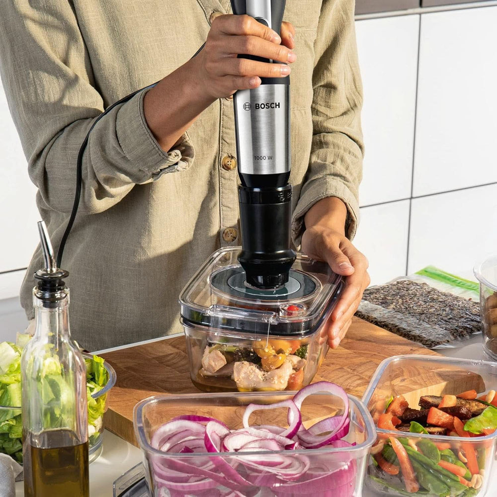 Bosch Ergomixx Style Stabmixer MS6CM61V2, Vakuum-Funktion, Vakuum-Pumpe, Vakuum-Beutel, 4-Klingen-Messer, 12 Stufen, Turbo-Funktion, 1000 W, Nero/Antracite Mamma e bambino Naty Shop