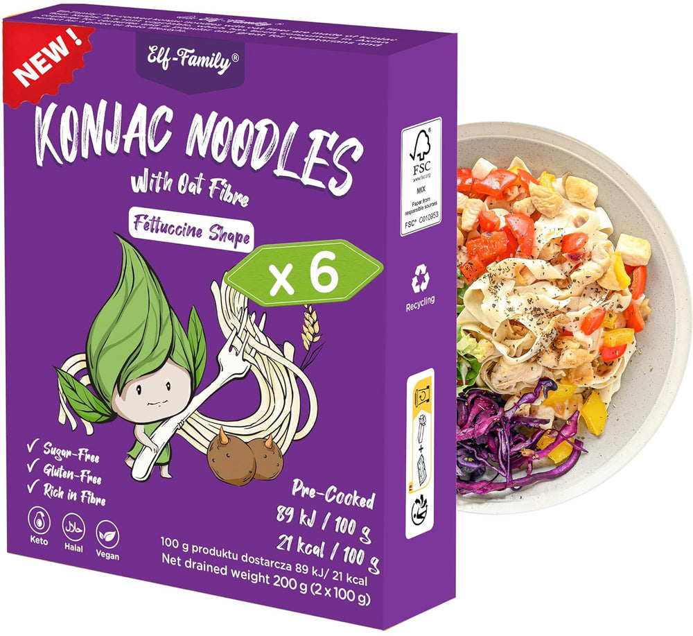 Tagliatelle Konjac Premium dalla Tailandia, vegane, senza glutine - 240 g x confezione da 6 (12 confezioni), tagliatelle Shirataki Elf-Family, tagliatelle istantanee, pasta/cheto/a basso contenuto di carboidrati/a basso contenuto calorico/senza zucchero - Spaghetti e fettuccine