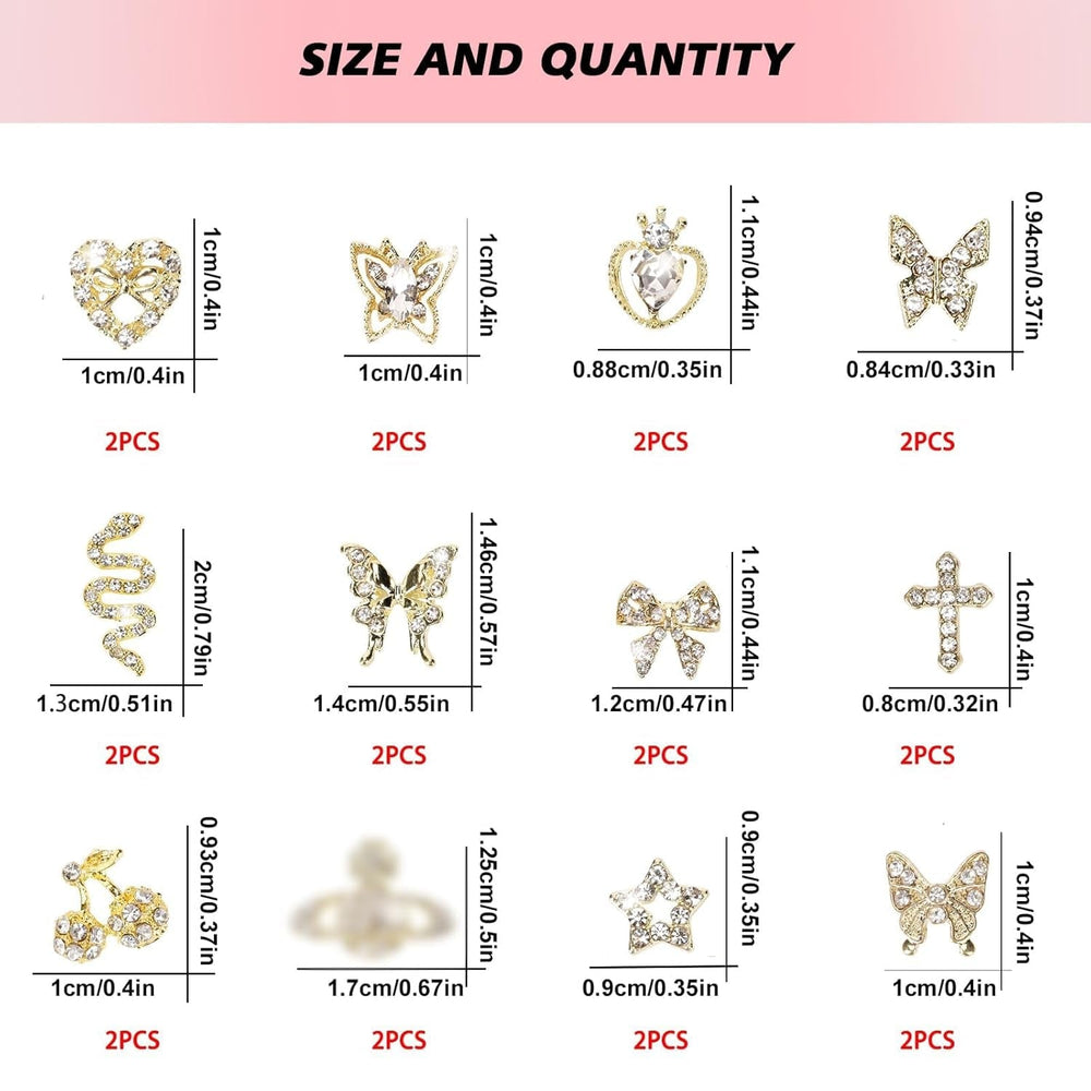 24 Stück Nagel-Charms, Y2K-Legierung, Nail Art, Strass-Charms, 3D-Herz, Schleife, Schmetterling, Charm Mit Strasssteinen, Kirsch-Nagel-Edelsteinen, Glänzender Schmuck