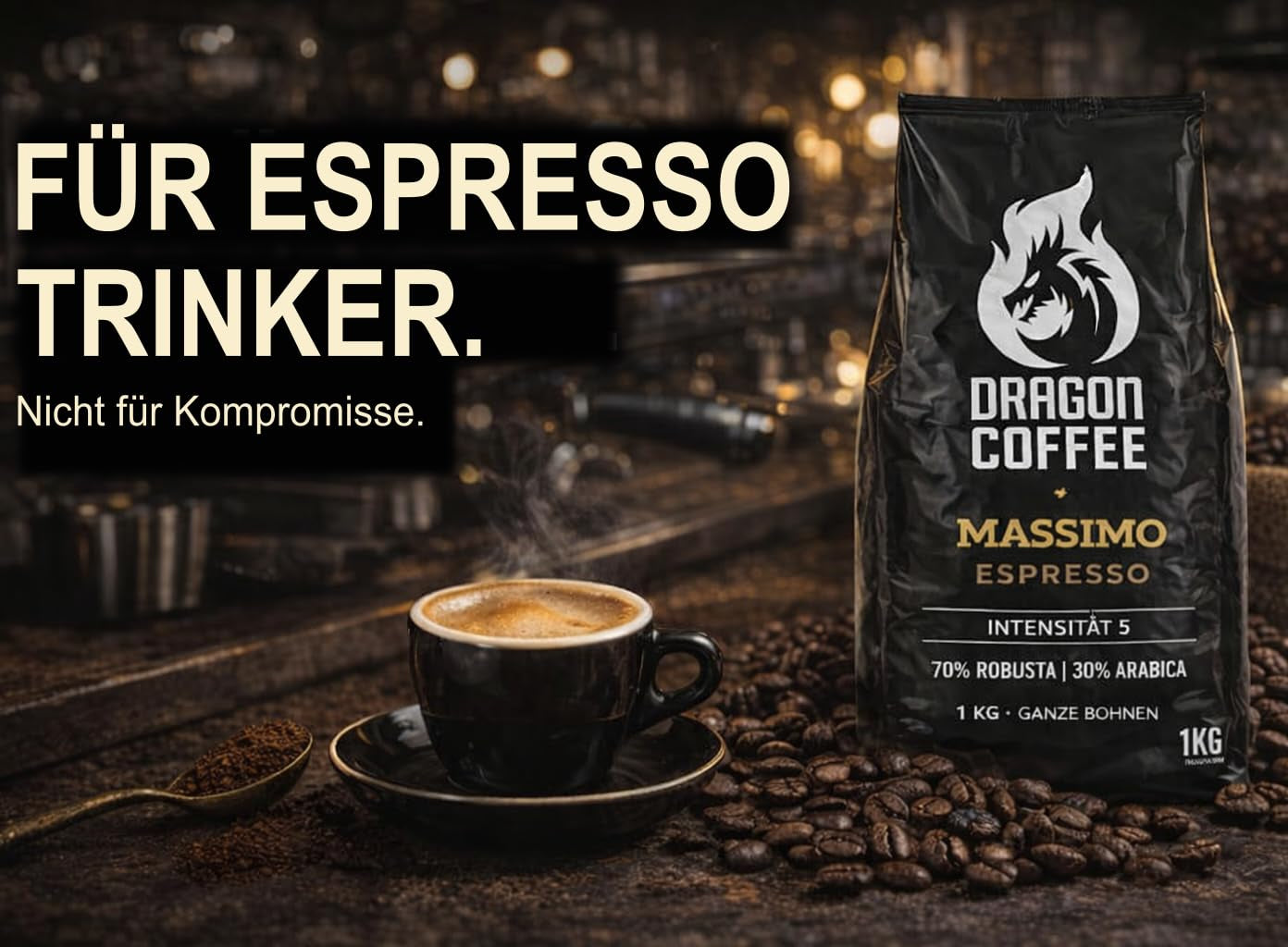 Dragon Coffee Massimo Espresso – Mittlere italienische Röstung | 70% Robusta / 30% Arabica | Kaffee Ganze Bohnen | Intensive Crema | (5x1kg)