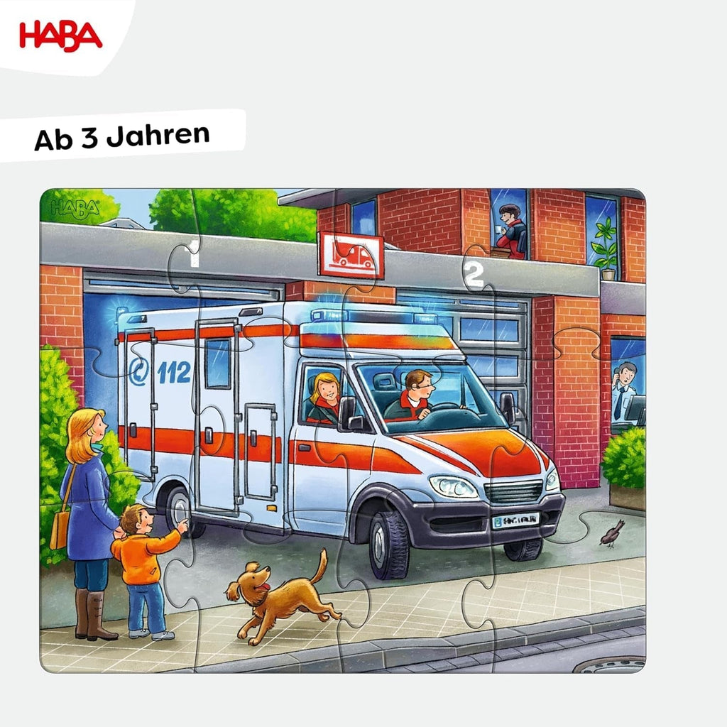 HABA Fire Brigade Puzzle - Set de 3 piese pentru copii cu vârsta de 3 ani și peste, puzzle din carton cu motive de poliție și ambulanță - Promovează abilitățile motorii fine și concentrarea - 1302759001 Puzzle Naty Shop