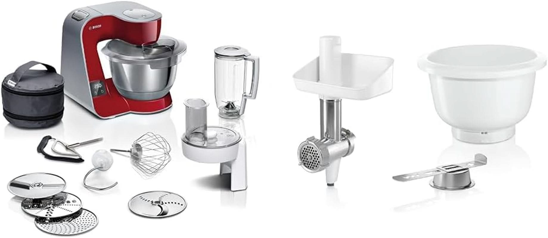 Robot de bucătărie Bosch Seria 4 MUM5X720, cântar integrat, bol din oțel inoxidabil 3.9L, mixer 1.25L, 1000W Accesorii Hrana si Alaptare Bebe Naty Shop Bundle cu Bakingsensation Roșu închis / argintiu 2 accesorii