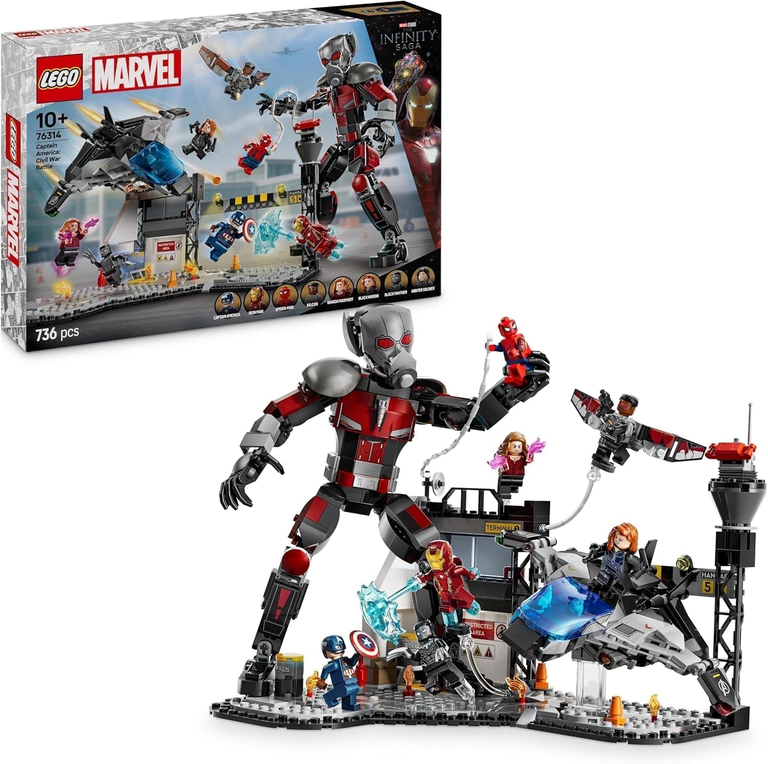 LEGO Marvel Captain America: Civil War Action Duel - Set da gioco di supereroi con 8 minifigure - Set da costruzione e da gioco per aeroplano giocattolo - Regalo per ragazzi e ragazze 76314 Set da costruzione Besuche den LEGO-Store Titolo predefinito