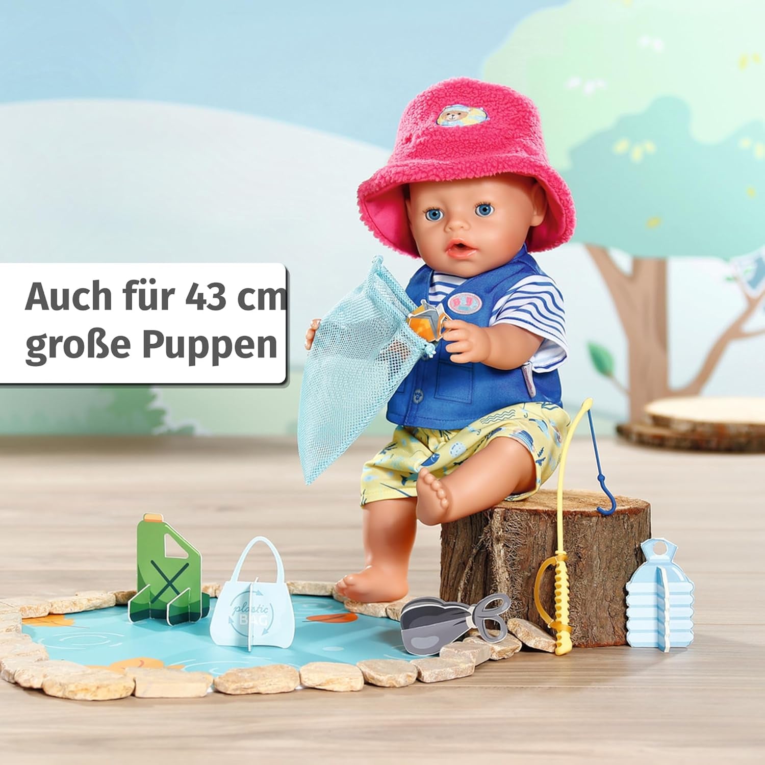 Costum Baby Born Teddy Angler cu undiță pentru păpuși de 43 cm și ursuleț de pluș, 835982 Zapf Creation