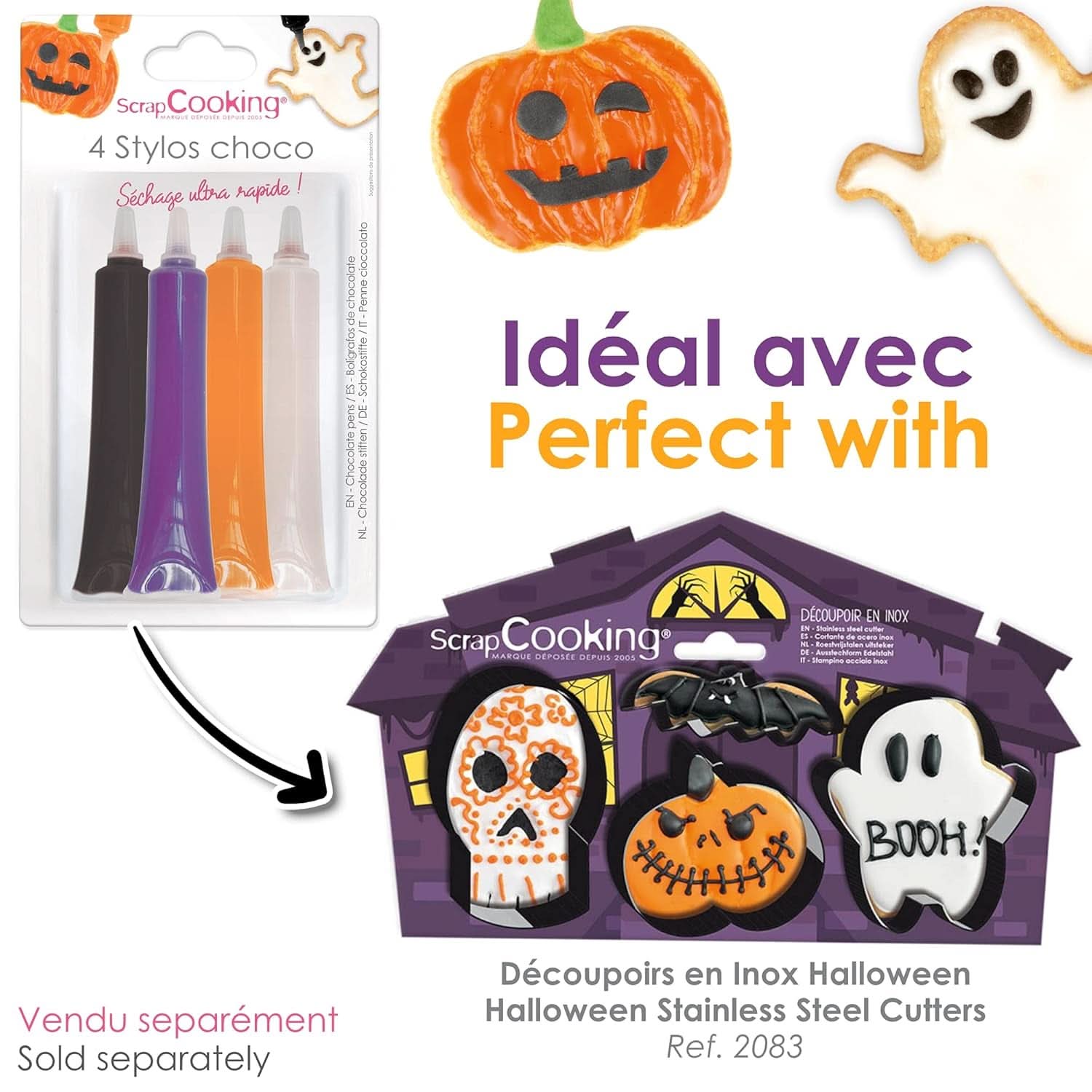 Scrapcooking - Set de 4 stilouri de ciocolată de Halloween - negru, portocaliu, violet și alb, scrieți și desenați pe deserturi, prăjituri și biscuiți Naty Shop