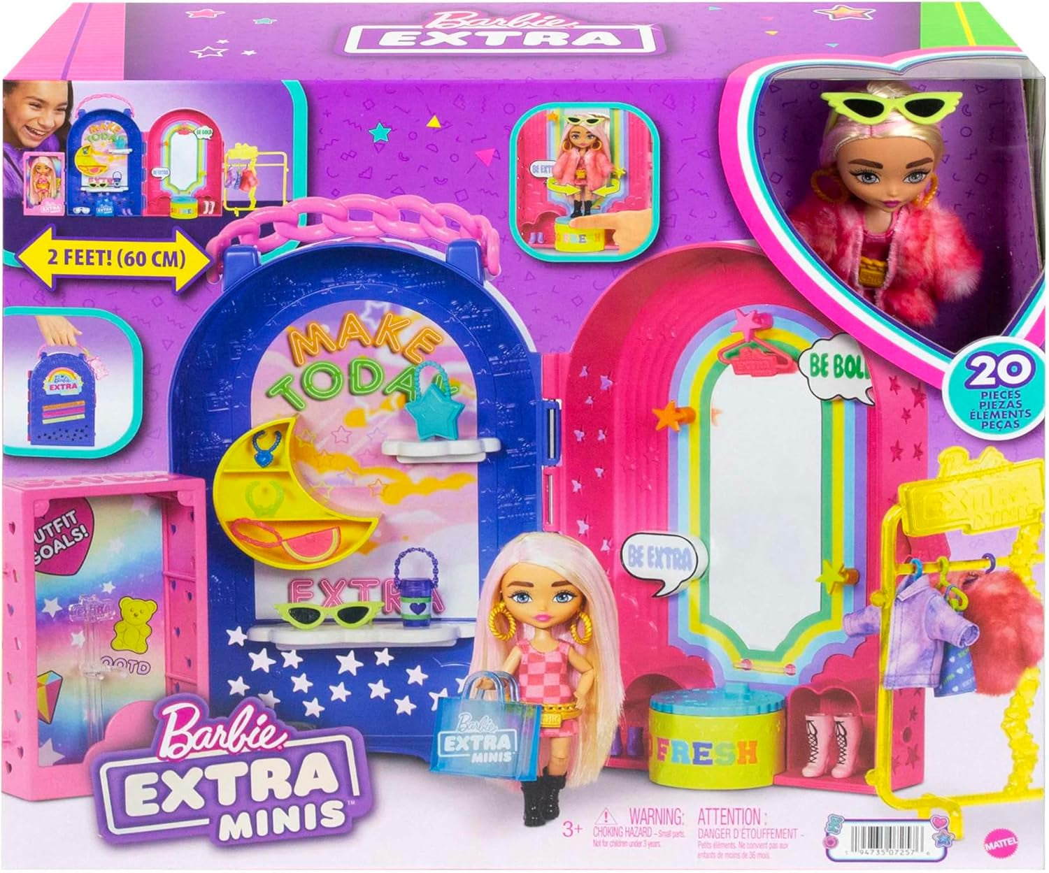 Barbie Extra Minis, Păpușă Extra Mini și Set de Joacă Boutique, Dulap cu Dulapuri, Rafturi, Oglinzi, Platformă 360, Păpușă Extra Mini cu Accesorii de Păr Roz, HHN15