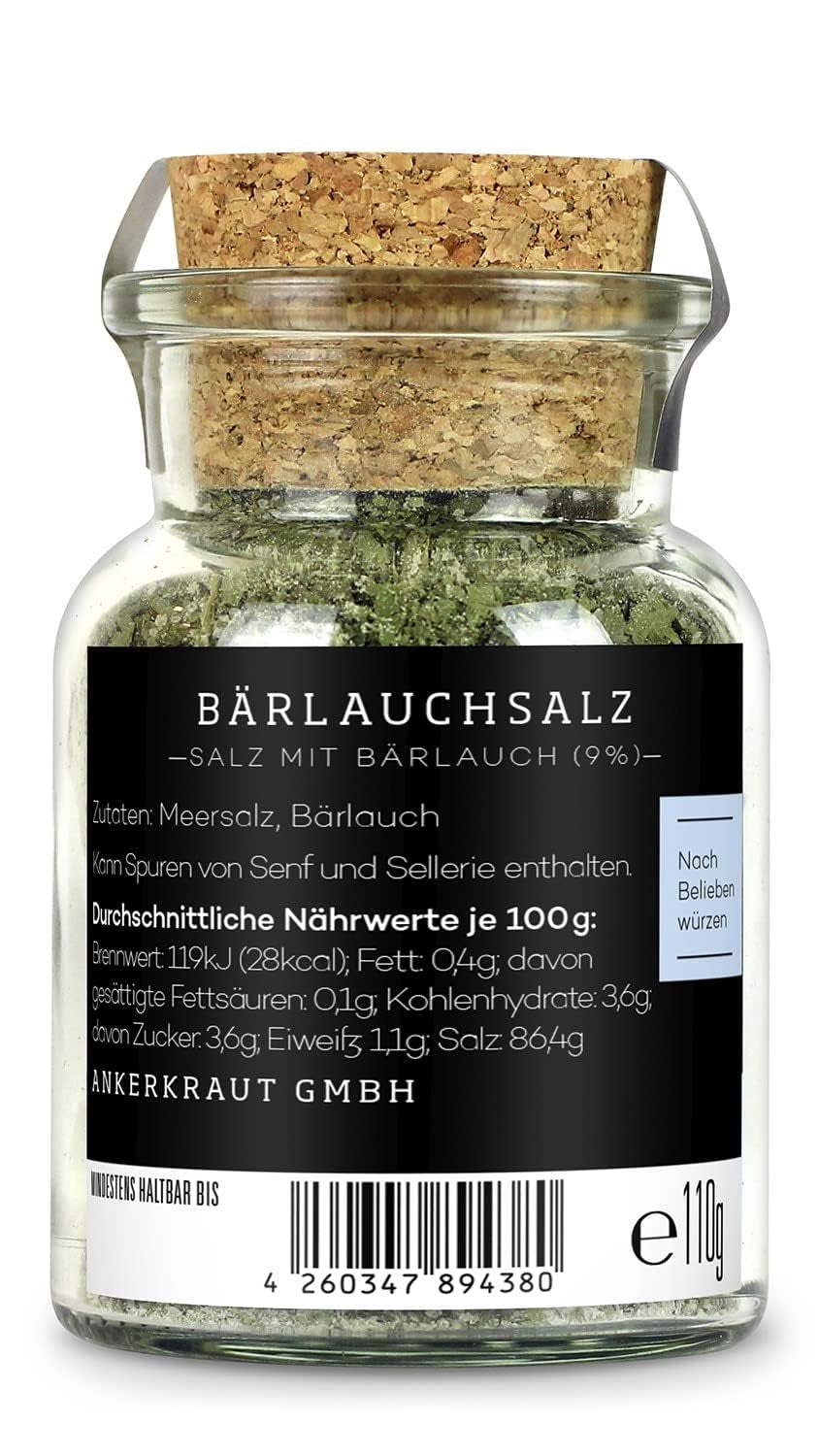 Ankerkraut Bärlauch Salz, Lecker Fleisch und Salat Verfeinern, Gesmack Aroma tipo Knoblauch, Kräuter mit Gewürz zum Kochen, 110 g im Corkenglas