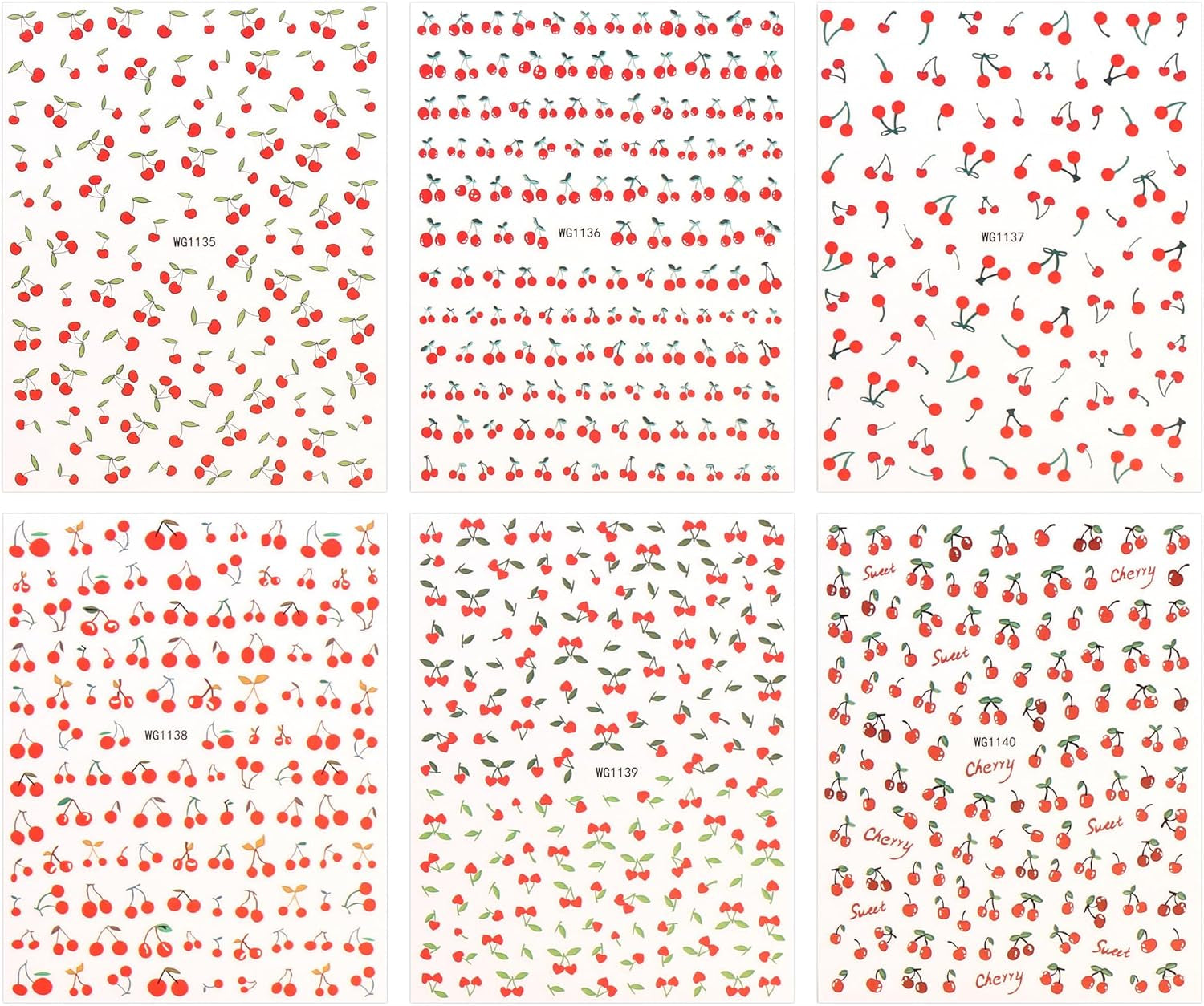 JMEOWIO Nagelsticker Kirschfrucht 6 Blatt Nail Art Sticker Selbstklebend Nagelaufkleber Dekoration Nageldesign Zubehör