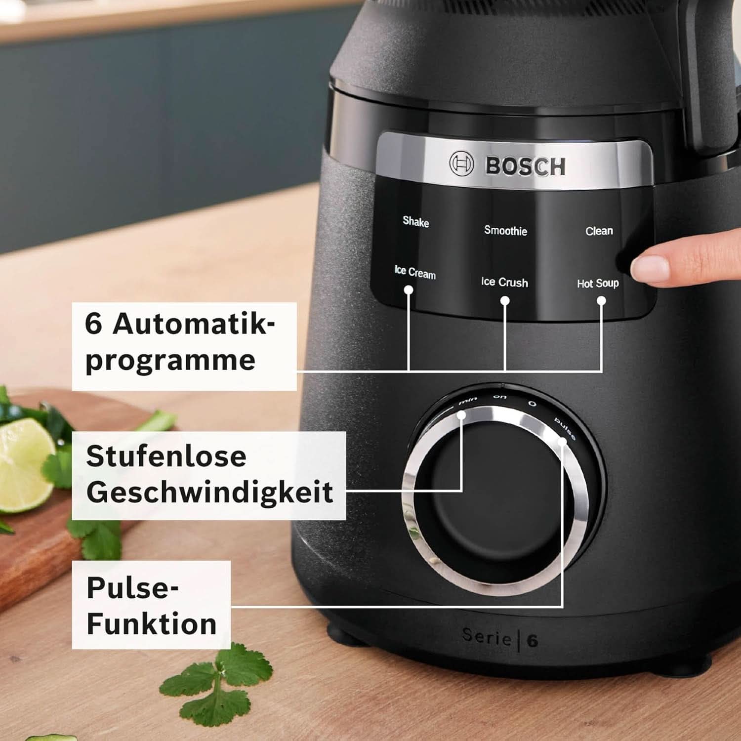 Robot da cucina ad alta velocità Vitapower Serie 6 MMBD665B1, 45.000 giri/min, 6 programmi Inkl Heiße Suppe & Reinigung, 2 L Mixbehälter, Stopfer, Spülmaschinenfeste Teile, Made in Europe, 1800W, Schwarz Kitchen Naty Shop