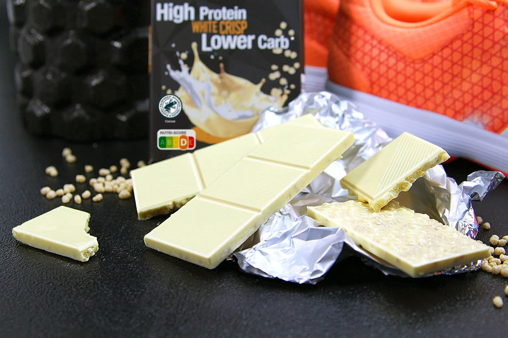 frankonia CHOCOLAT POWER MOTION senza zuccheri aggiunti - Cioccolato bianco croccante ad alto contenuto proteico e a basso contenuto di carboidrati, 90 g