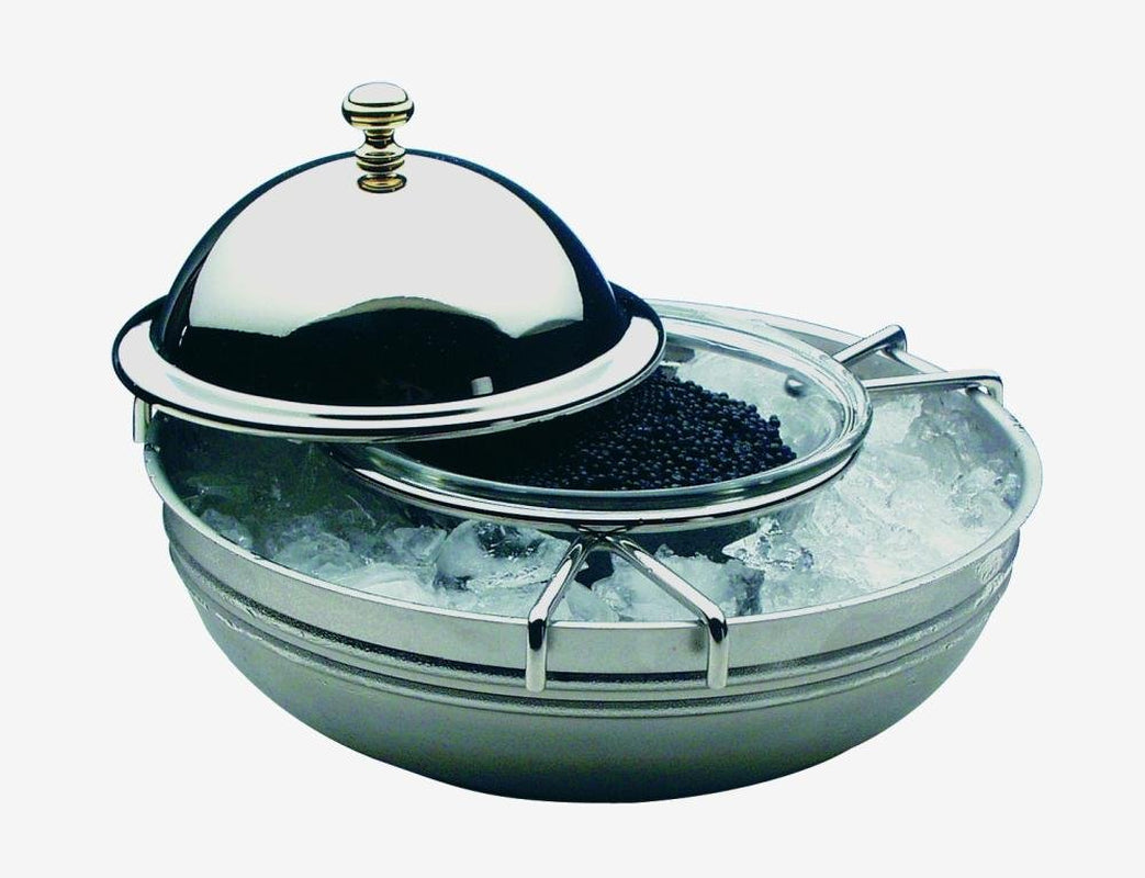APS Caviar Cooler, set de 4 piese, Caviar Cooler, Caviar, Recipient pentru caviar, Răcitor bufet Ø 18 cm, Înălțime: 12 cm, Oțel inoxidabil lustruit 18/8, Bol de sticlă Ø 10 cm