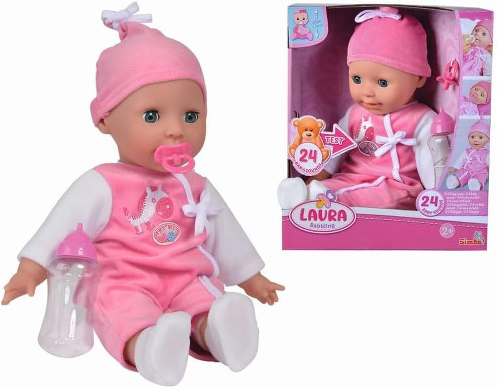 Simba 105140489 - Păpușa Laura Baby Talk, Păpușă cu corp moale de 38 cm și ochi adormiți, în salopă drăguță, 24 de sunete pentru bebeluși, Păpușă de joacă, Păpușă bebeluș, Vârste 2+