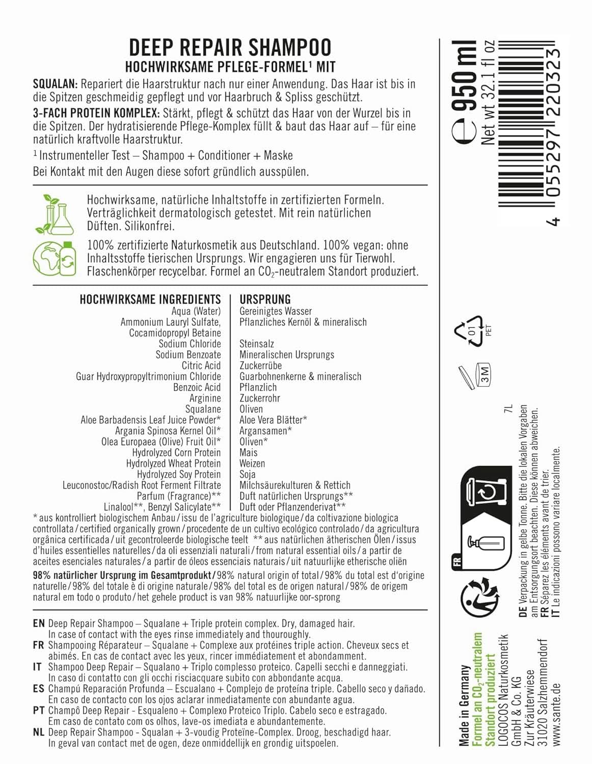 SANTE Naturkosmetik, shampoo vegan care per capelli lisci e lucenti, 950 ml Doccia e bagno Naty Shop