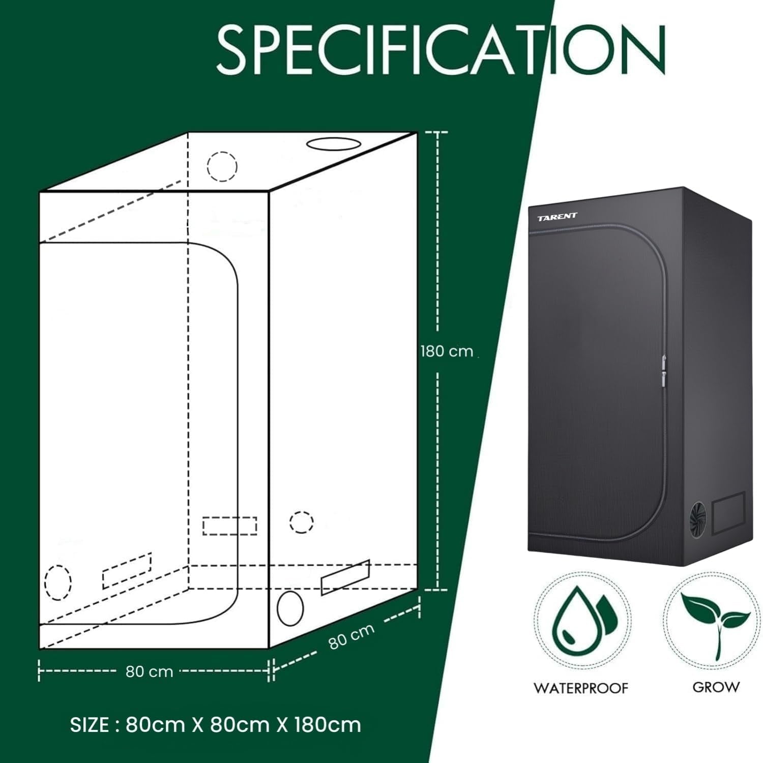 Tenda da coltivazione 80x80x180 cm Tenda da coltivazione con vassoio base impermeabile rimovibile, dimensione ideale per la coltura idroponica