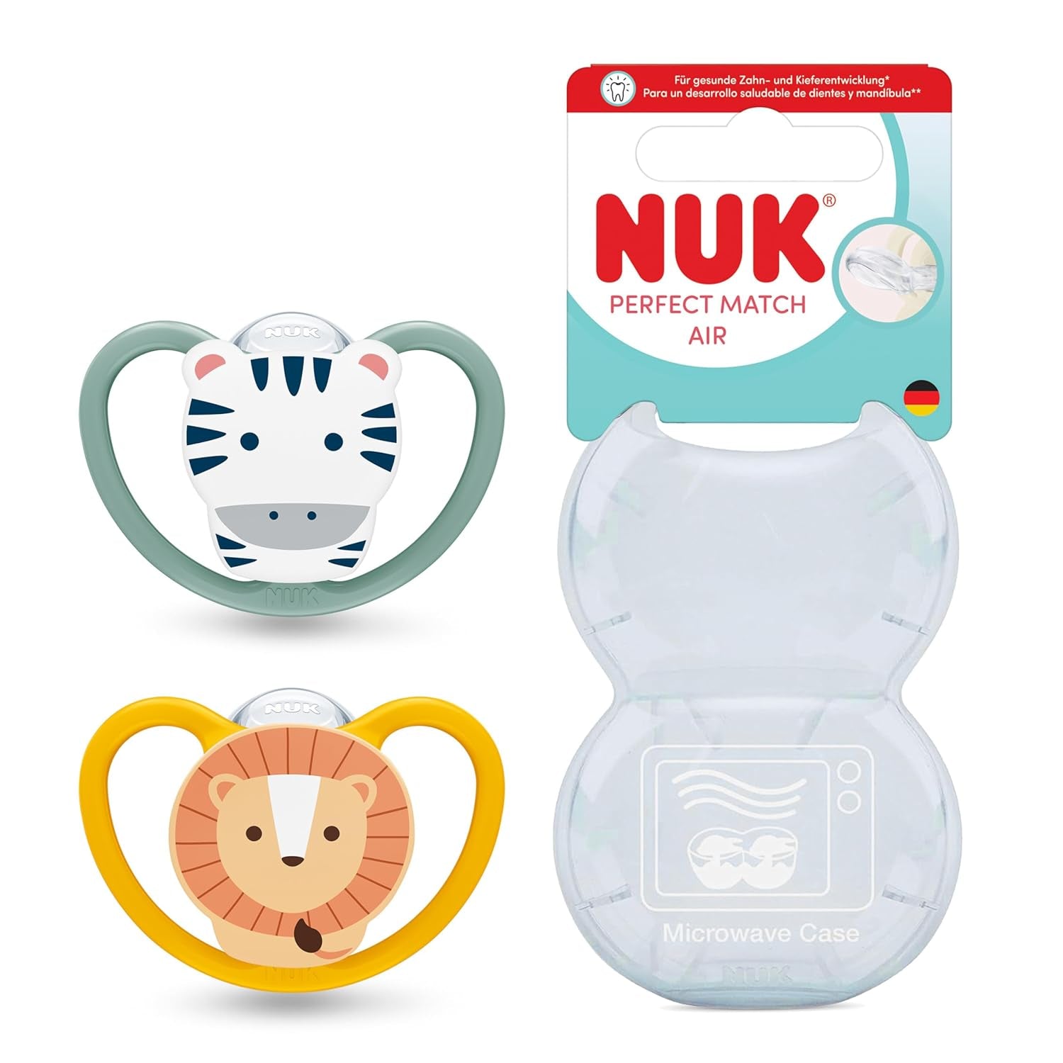 Suzete NUK Perfect Match Air pentru bebeluși | 6-18 luni | Suzete ortodontice care promovează circulația aerului și previn erupțiile cutanate cauzate de salivație | Acceptare 95% de către bebeluși** | Zebră/Leu | Pachet de 2