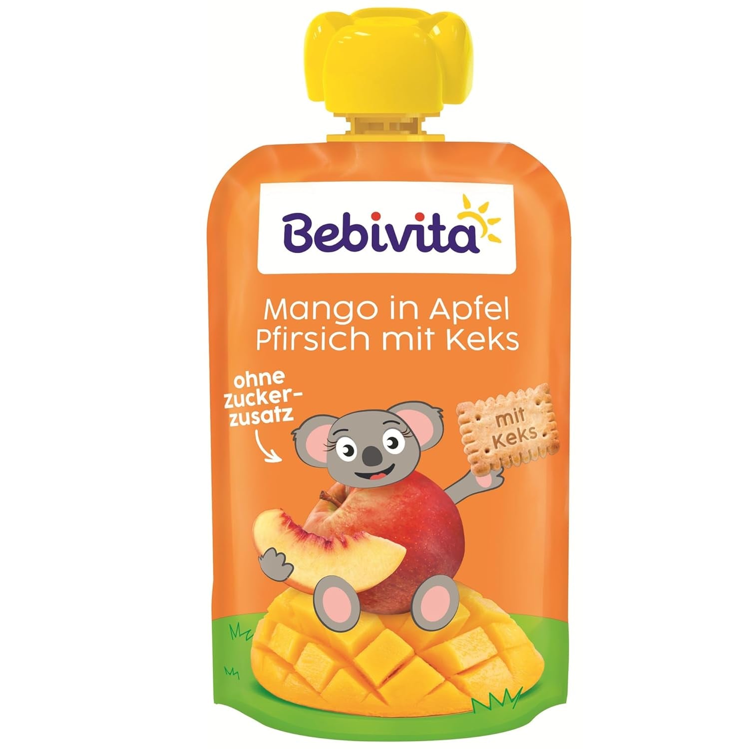 Mango in salsa di mele e pesche con un sacchetto di biscotti (6 x 120g), senza zuccheri aggiunti, a base di frutta delicata e cereali pregiati, ideale per spuntini confezionati e in viaggio.