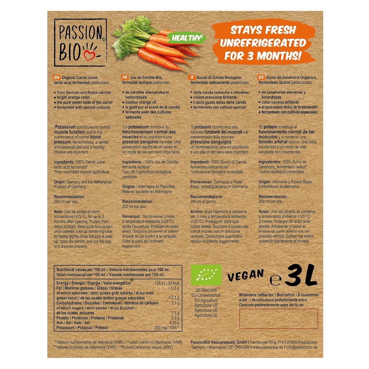 Succo di carota biologico - A base di carote tedesche e olandesi, 3 litri Bevande analcoliche Naty Shop