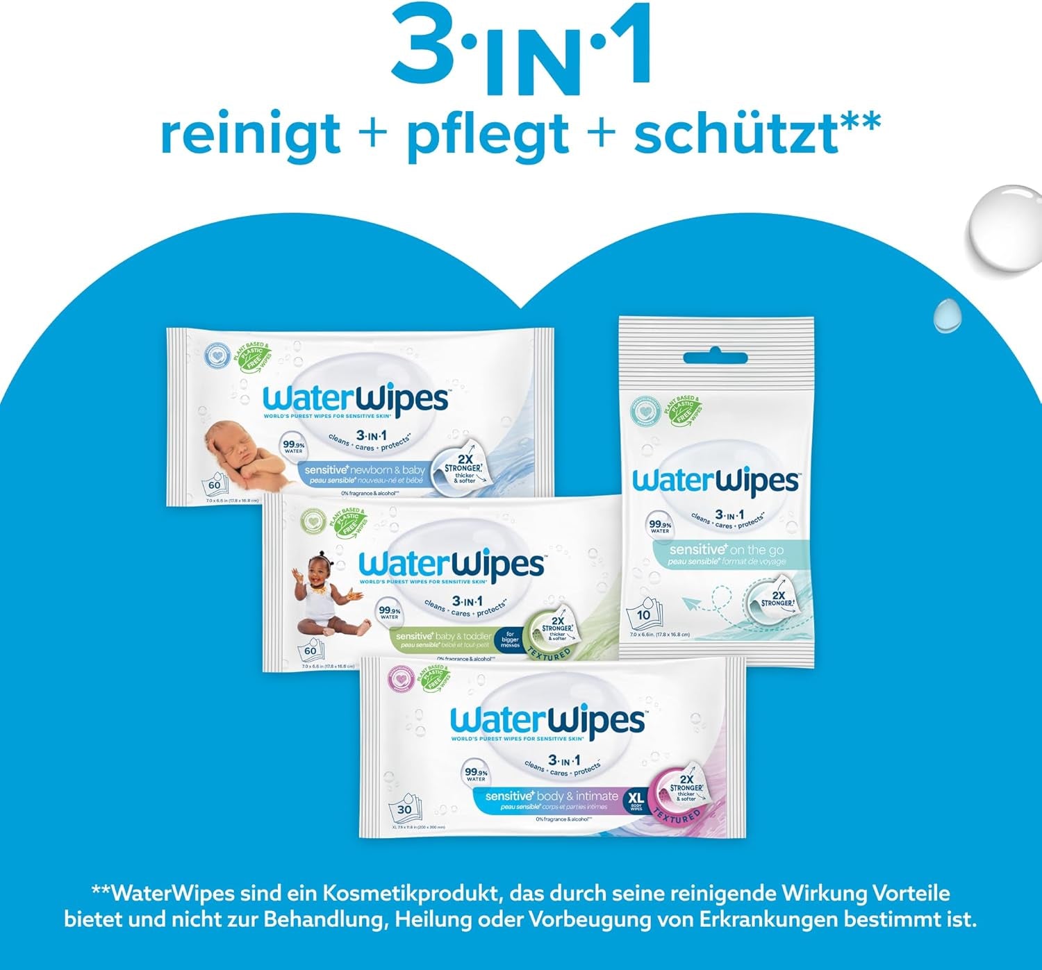 Salviette umidificate WaterWipes Sensitive+ per neonati e bambini, 540 pezzi (9 confezioni), pulizia 3 in 1, cura, protezione, 99,9% acqua, senza profumo