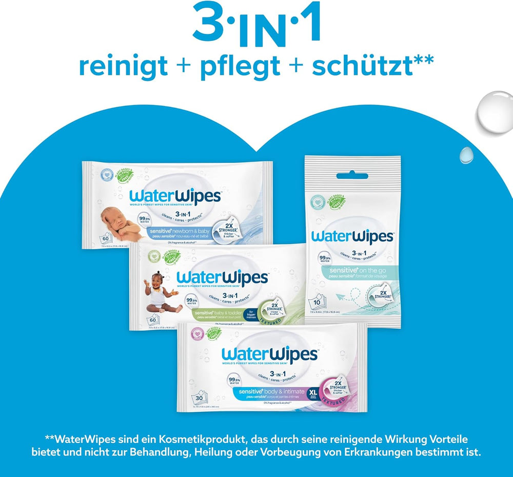 Salviette umidificate WaterWipes Sensitive+ per neonati e bambini, 540 pezzi (9 confezioni), pulizia 3 in 1, cura, protezione, 99,9% acqua, senza profumo