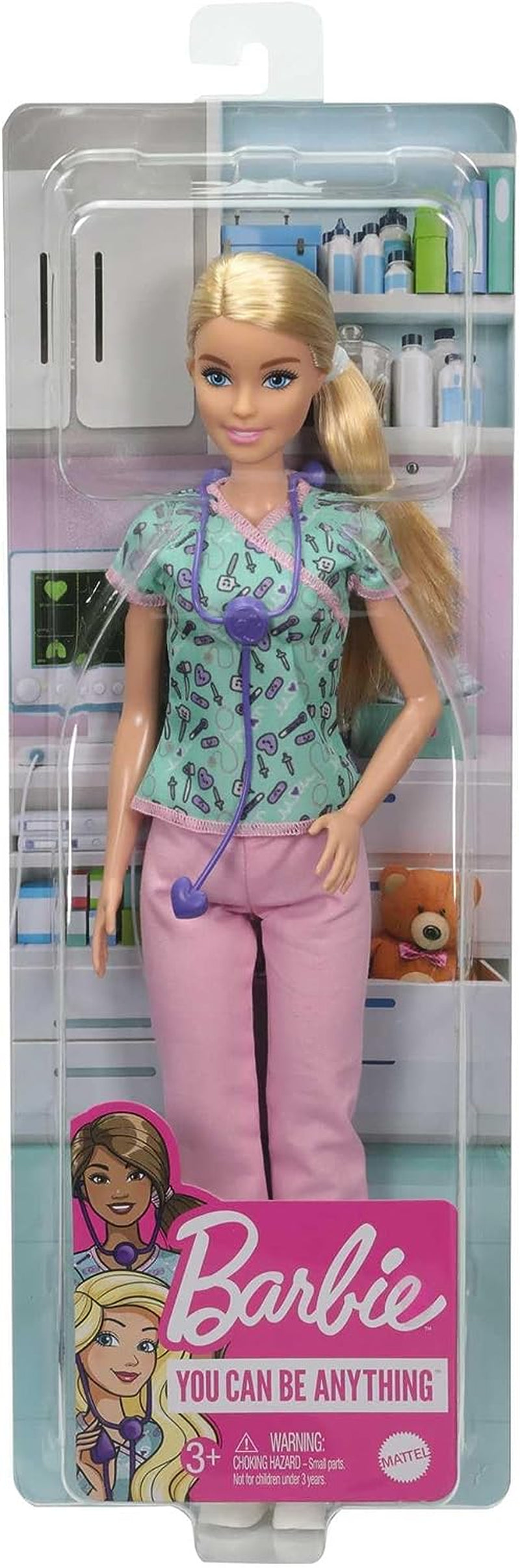 Păpușa Barbie GTW39 - Asistentă medicală (aprox. 30 cm) cu bluză imprimată și pantaloni roz, pantofi albi și stetoscop, cadou excelent pentru copiii cu vârsta de 3 ani și peste
