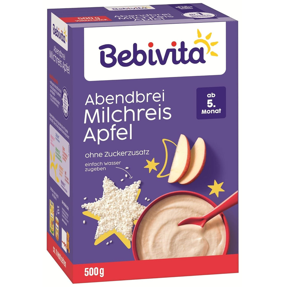 Budincă de orez cu mere și terci de seară (4x500g), terci de lapte de la 5 luni, cu minerale și vitamine valoroase, fără zahăr adăugat, foarte sățios