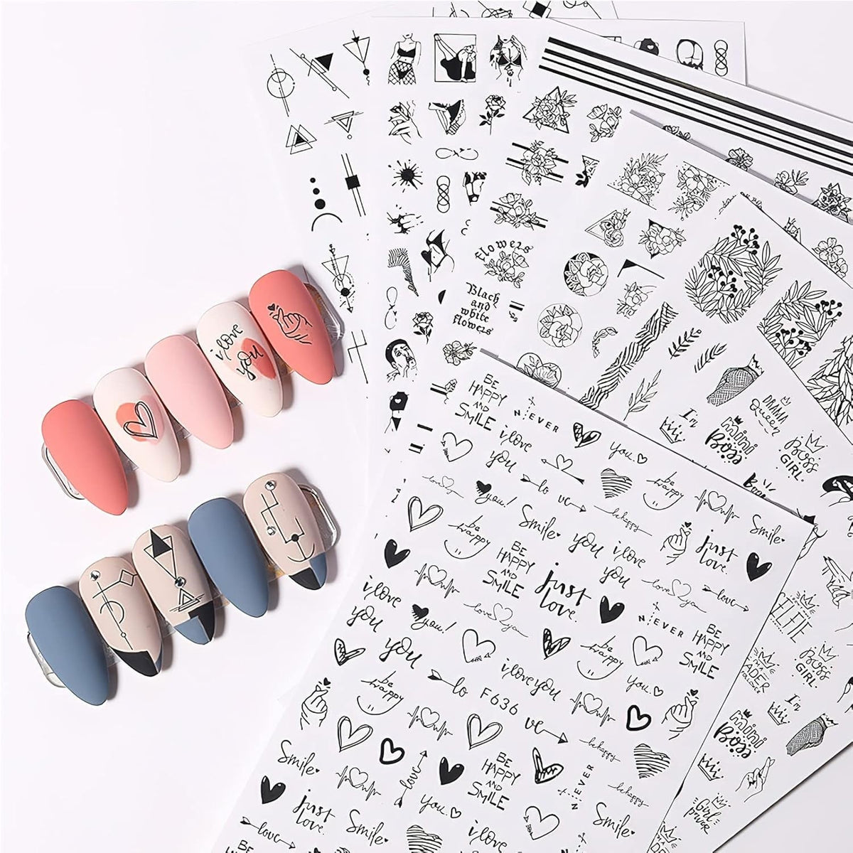 7 Blätter Nagelsticker Selbstklebend Nagelsticker Blumen Abstrakt 3D Schwarz Nagelaufkleber Nageldesign Herzform Wörter Pflanzen Nagel Sticker DIY Nail Art Zubehör Maniküre Dekoration