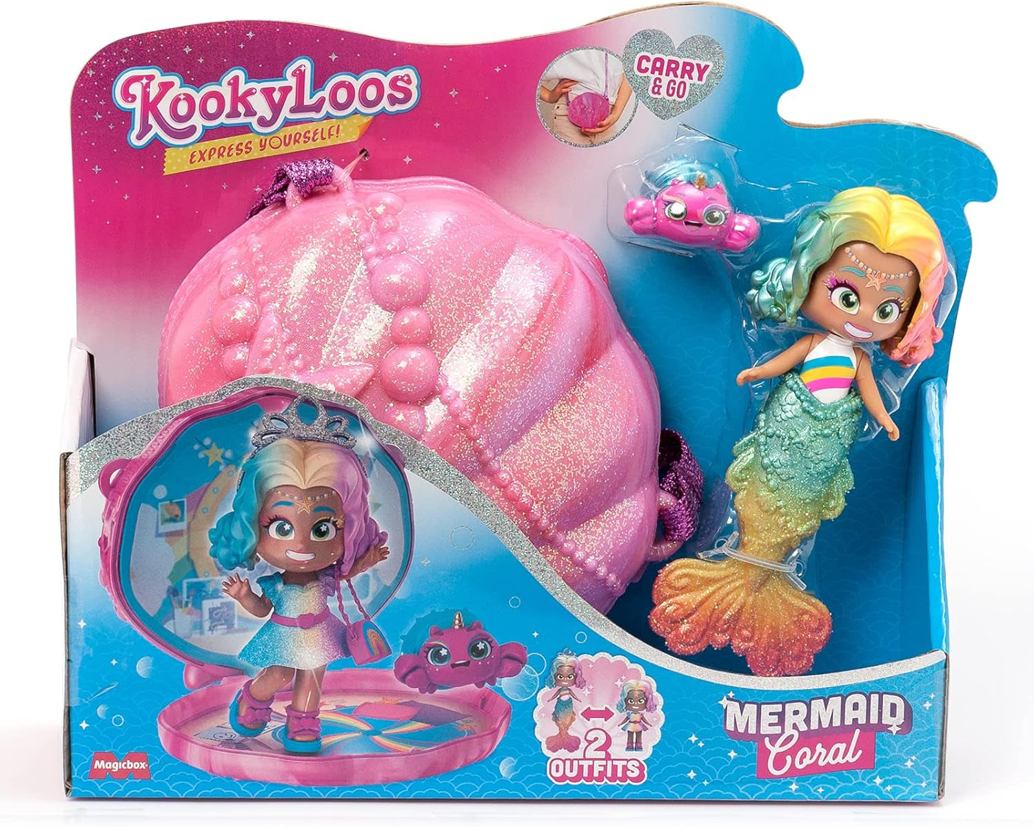 Sirene Coral Meerjungfrauen-Puppe mit 1 Muscheltasche, 1 Meerjungfrauenschwanz, 1 Haustier, Kleidung, Accessoires und Schuhe