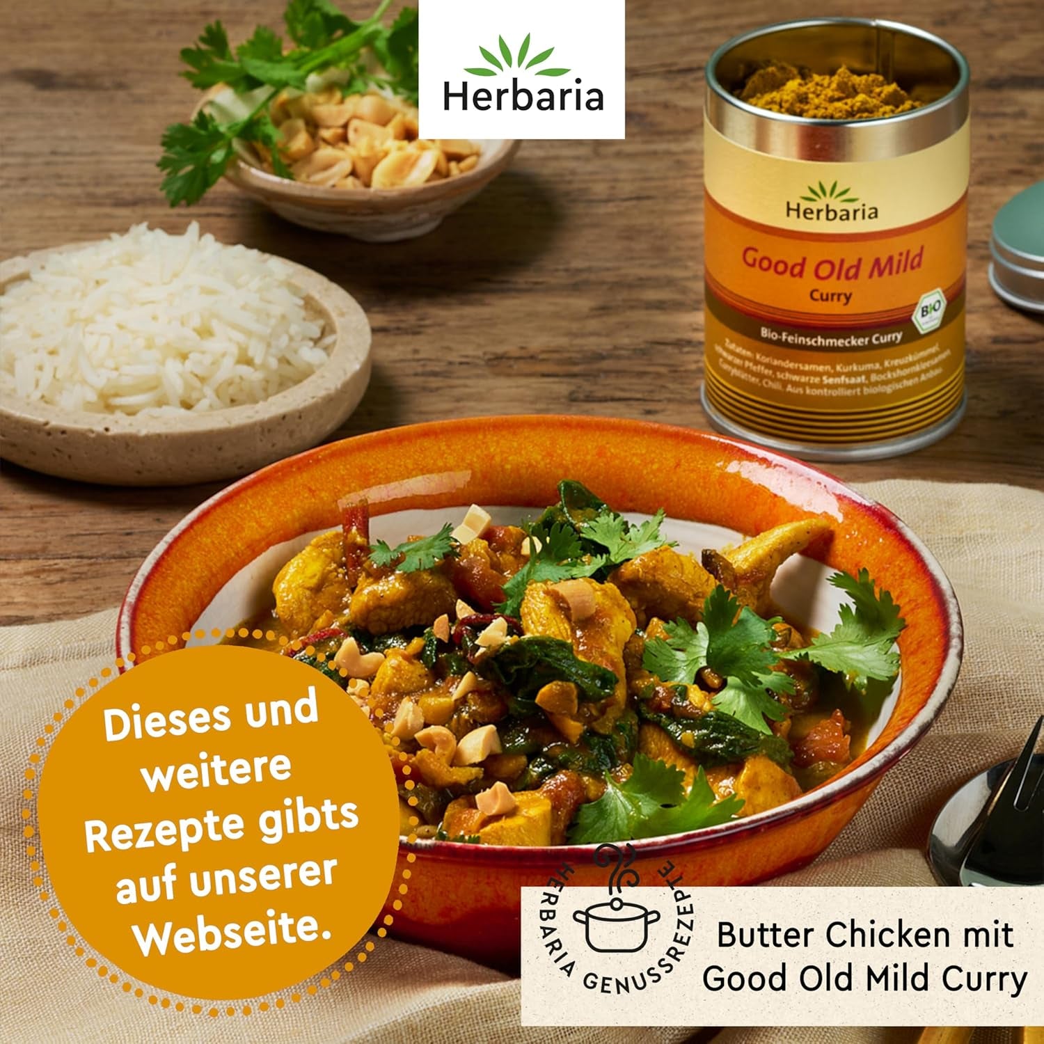 Herbaria Good Old Mild Curry bio 80g M-Dose – Currypulver, Currymischung - Bio-Gewürzmischung für klassische Curry-Spezialitäten z.B. Currywurst - ingrediente erlesenen in nachhaltiger Aromaschutz-Dose