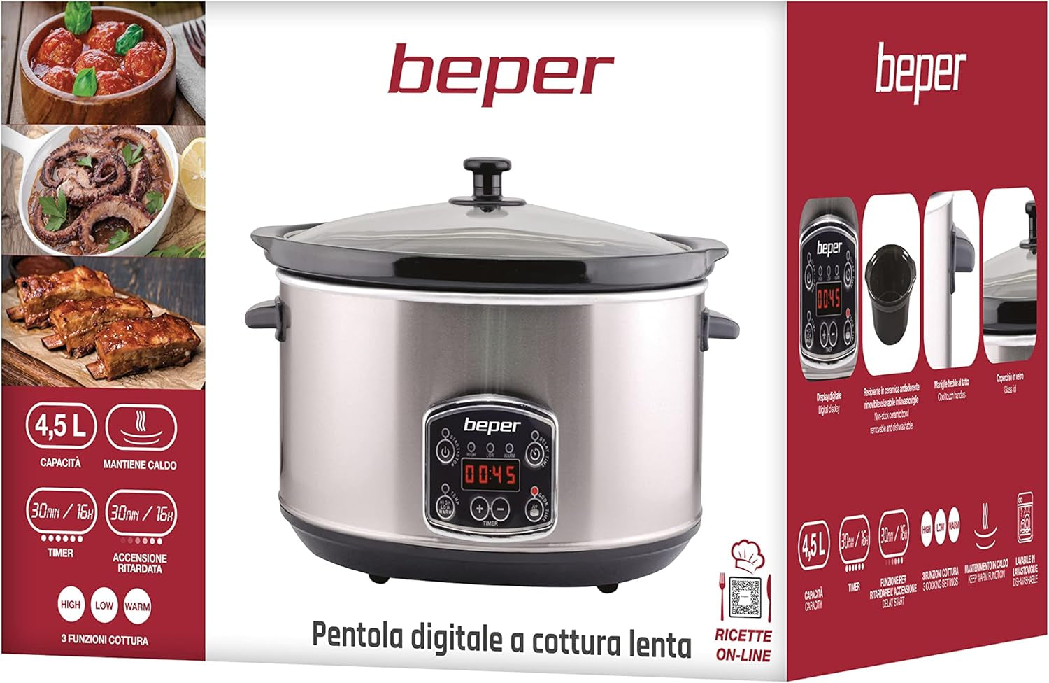 Beper BC.510 Slow Cooker, 280 W, 4,5 litri, vetro ceramico, nero e acciaio Slow Cooker Naty Shop
