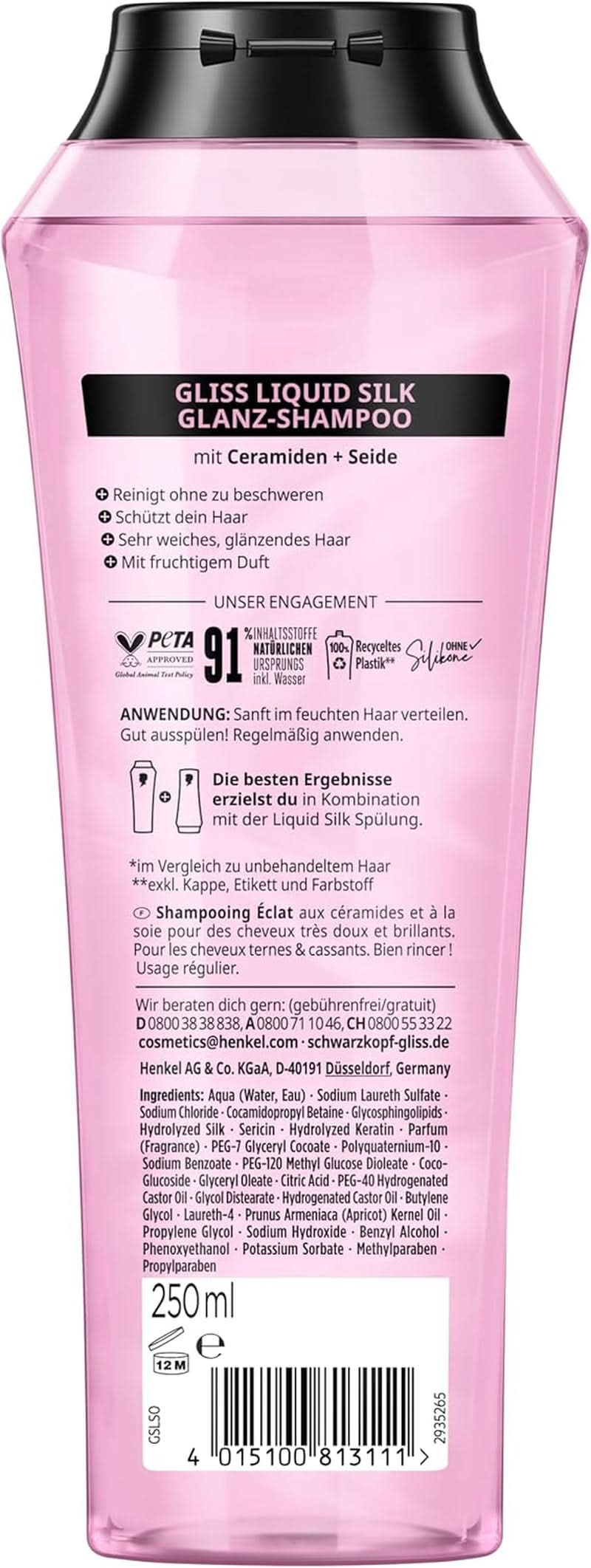 Gliss Shampoo Seta Liquida (250 ml), per capelli fragili e opachi Doccia e bagno Naty Shop