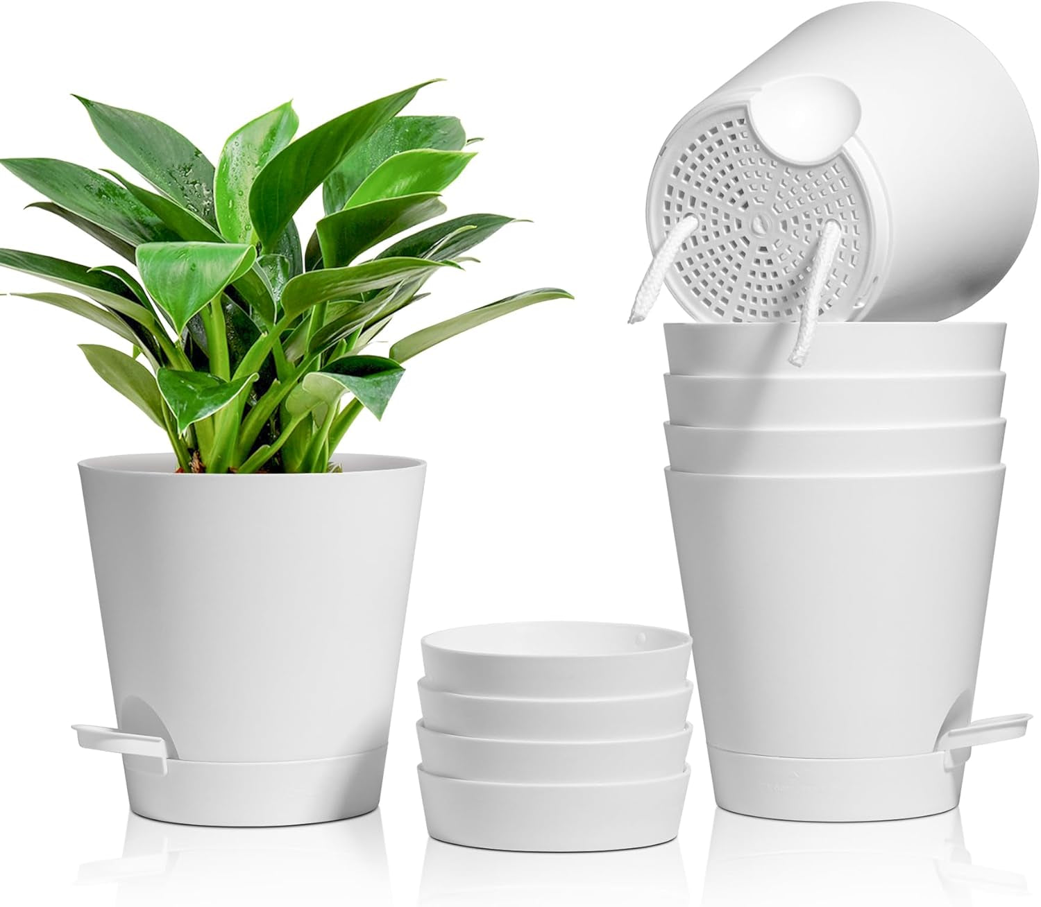 T4U Vasi da Fiori in Plastica da 14 cm con Sistema di Irrigazione, Set di 6 Vasi da Fiori e Sottovasi Autoirriganti, Vasi Rotondi per Piante da Giardino da Balcone Interno, Piante Grasse, Cactus, Bianco