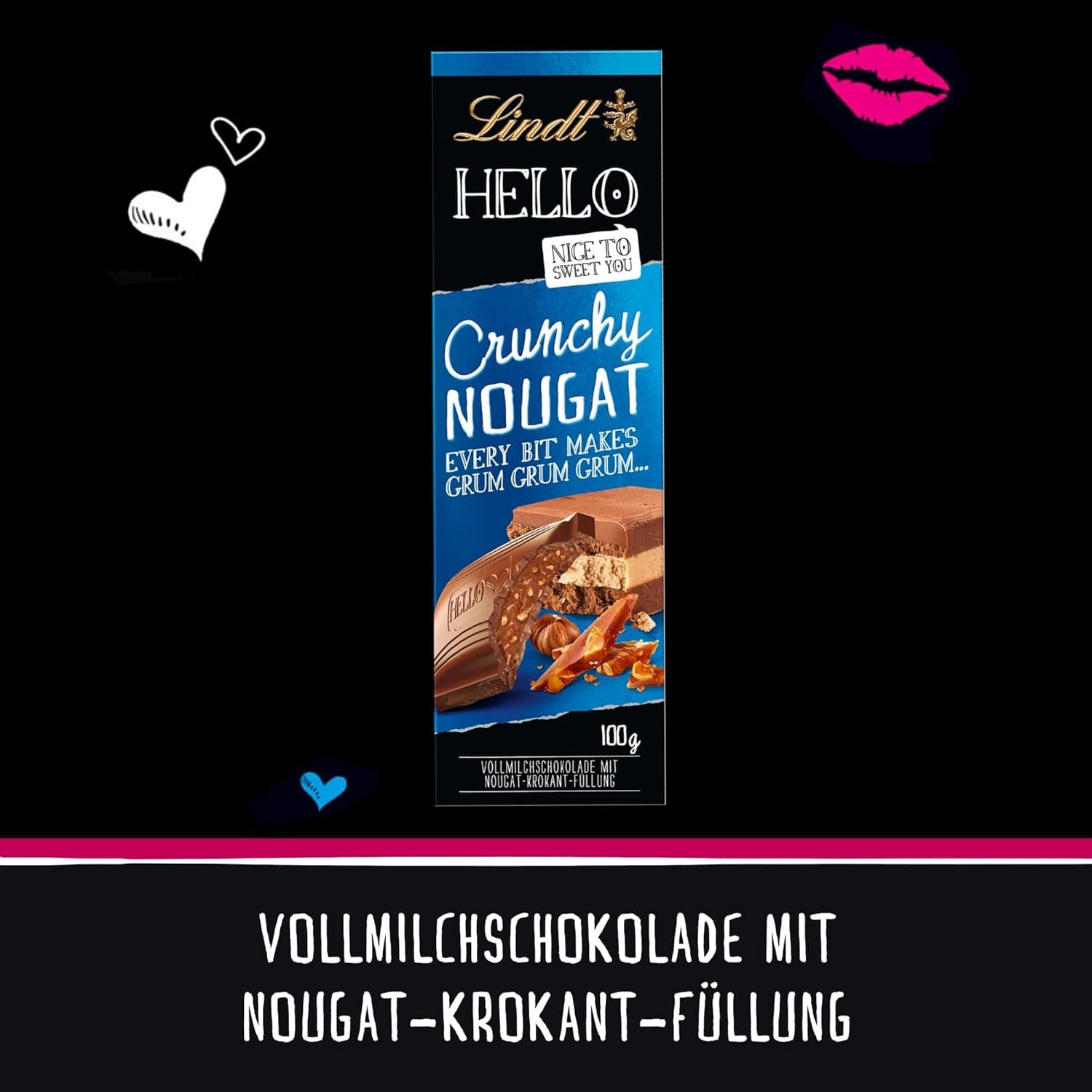 Ciocolată Lindt HELLO Crunchy Nougat, baton de 100 grame Bomboane de Ciocolata Naty Shop