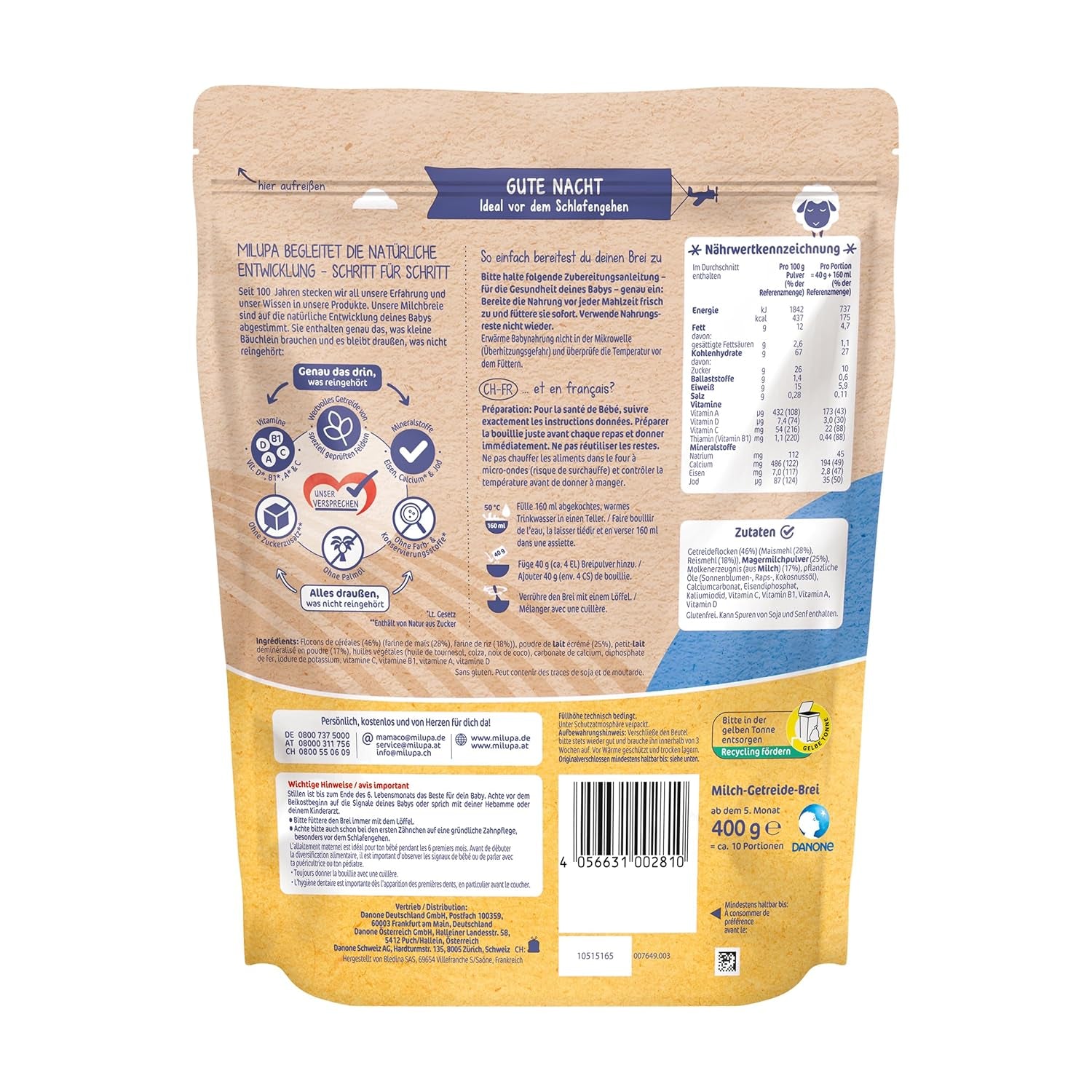 Porridge di latte Milupa Gentle Start - Cereali per neonati senza glutine, senza olio di palma - Senza conservanti e coloranti - Dai 5 mesi - 4 x 400 g