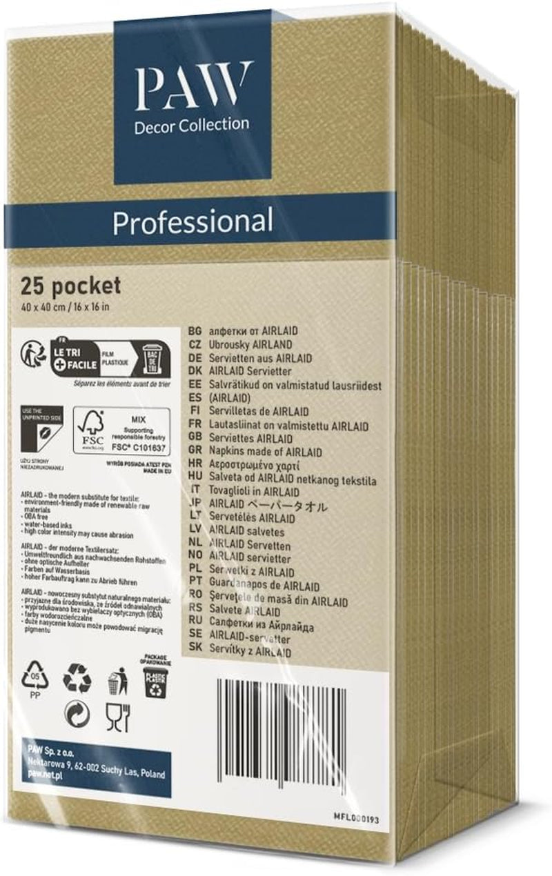 PAW - Șervețele pentru tacâmuri Airlaid - asemănătoare cu țesătura (pliere de 1/8) | 25 bucăți | Ideal pentru nunți, botezuri, comuniuni, zile de naștere | Saci de șervețele pentru tacâmuri | Monocolor, auriu