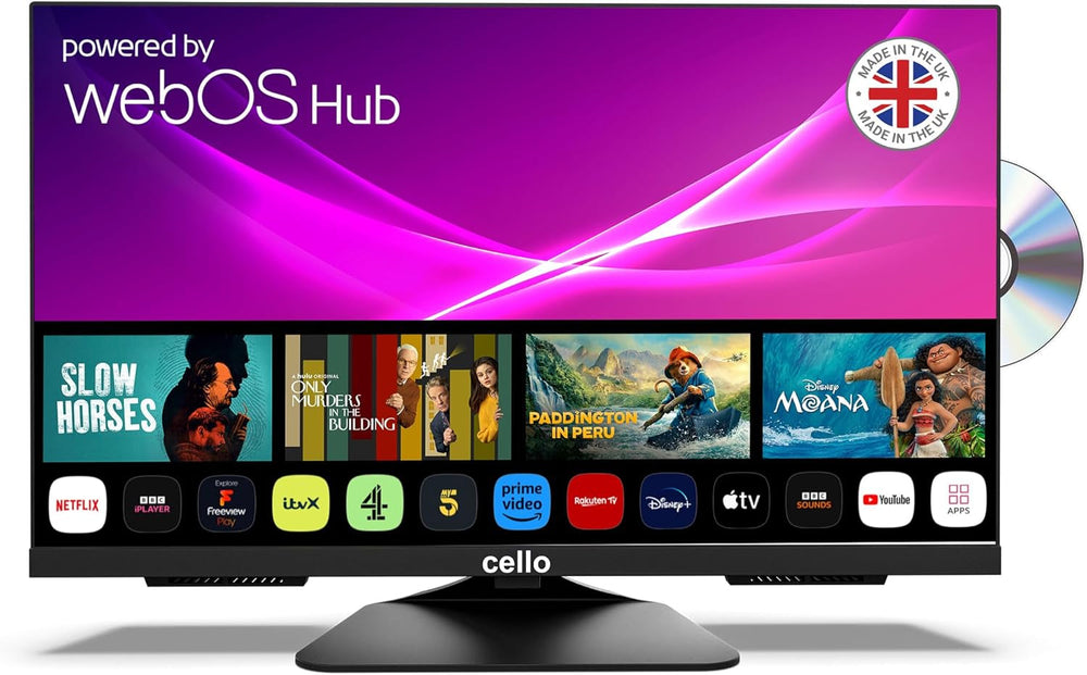 Televizor inteligent Cello C2224WSH de 22 de inci, fără ramă, alimentat de la rețea, LG WebOS, Freeview Play, FreeSat, Bluetooth, difuzoare Pitch Perfect, ideal pentru bucătărie, dormitor sau camere mici