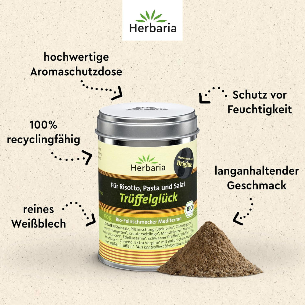Herbaria Trüffelglück bio 110g M-Dose - Fertiges Bio-Pilz- & Trufflelegewürz für intensiv-köstliche Gerichte - mit erlesenen Ingredient - in nachhaltiger Aromaschutz-Dose