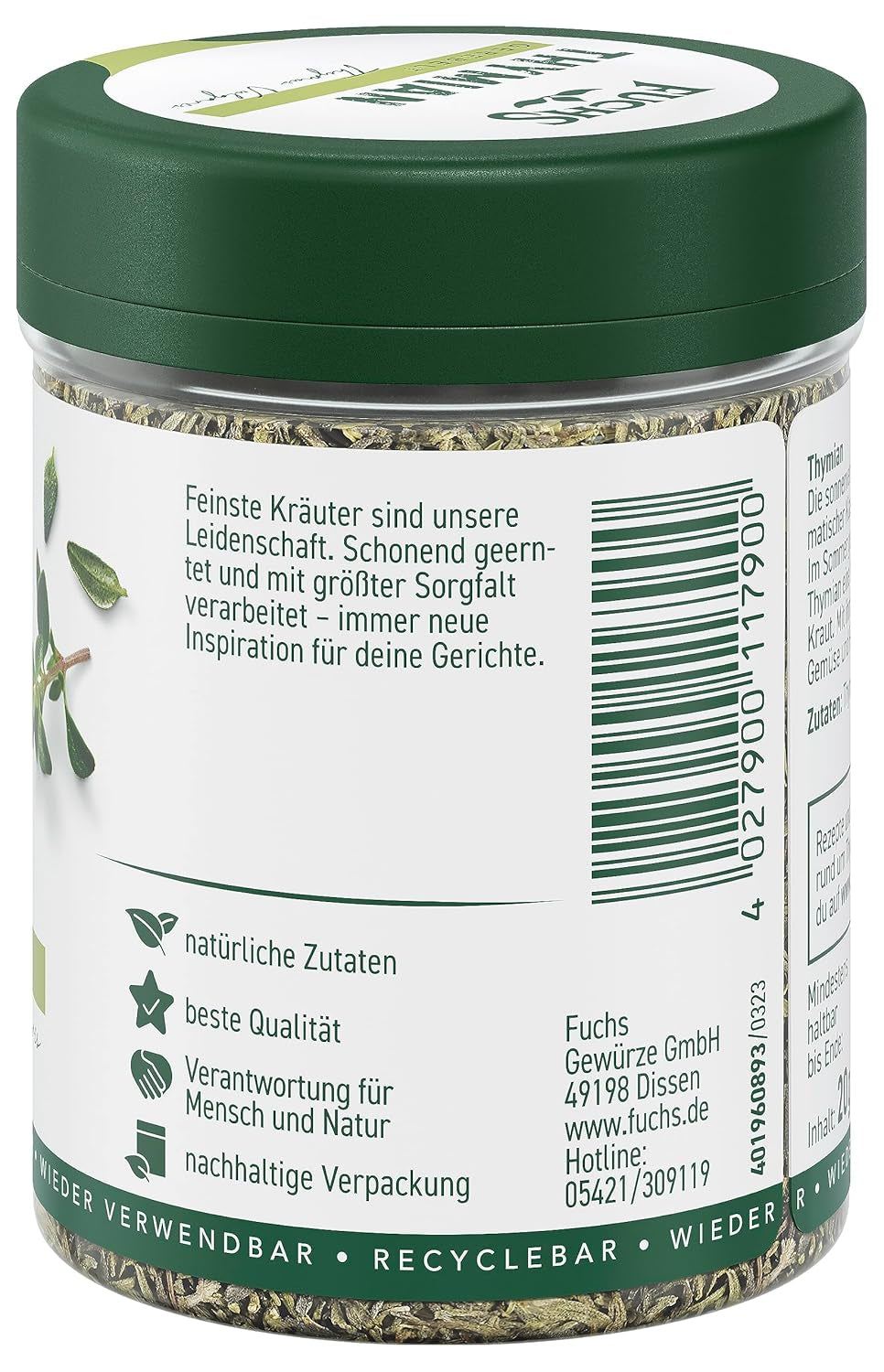 Fuchs Gewürze - Thyme gerebelt - Mediterranean Kräuternote für Feta, Gemüse und Fleischgerichte - ingredienti naturali - 20 g in wiederverwendbarer, recyclebarer Dose
