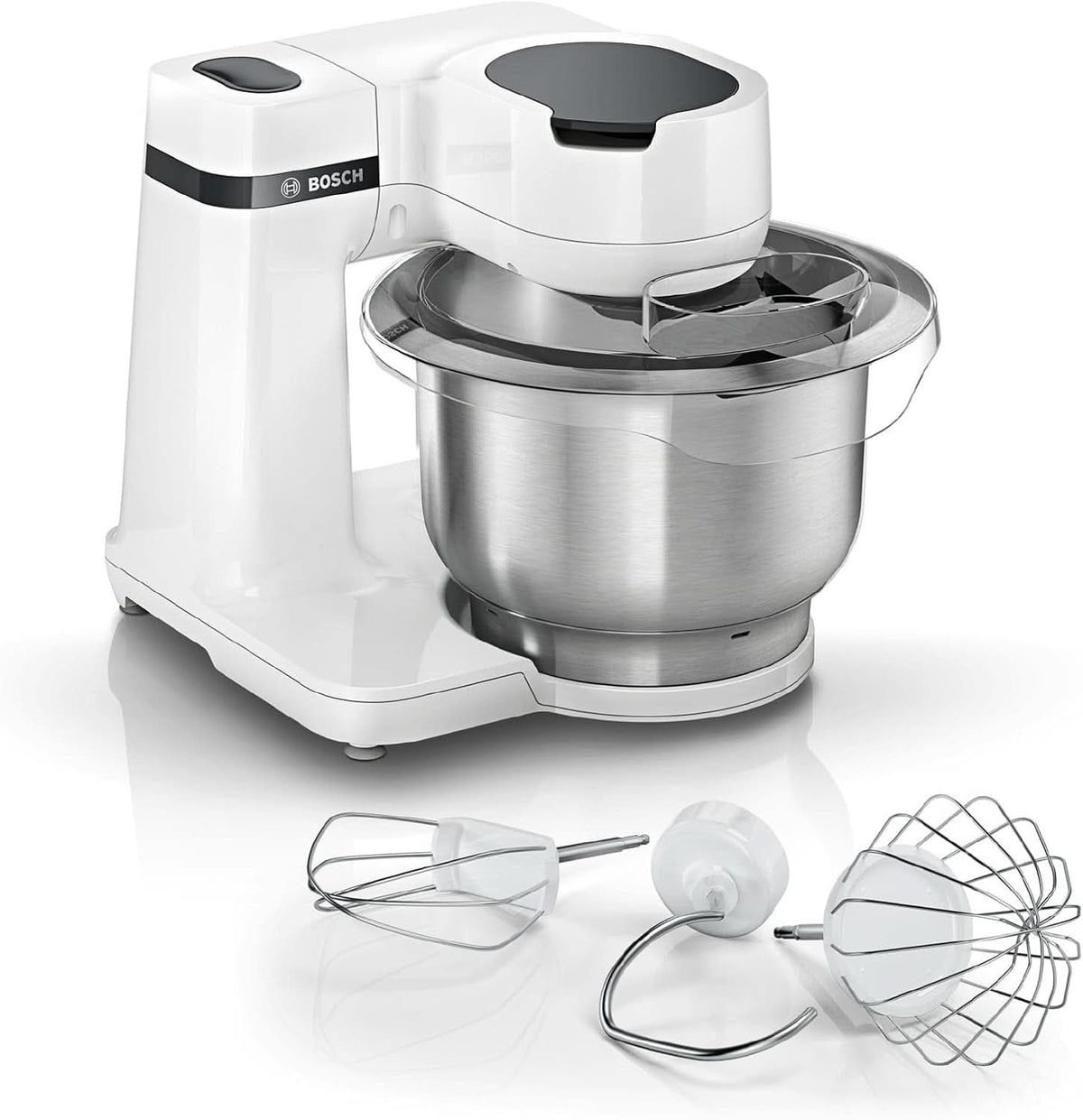 Bosch Küchenmaschine Serie 2 MUMS2EW00, Edelstahl-Schüssel 3,8 L, Planetenrührwerk, Knethaken, Schlag-, Rührbesen Edelstahl, 4 Arbeitsstufen, Durch Optionales Zubehör Erweiterbar, 700W, Weiß Bucatarie Naty Shop