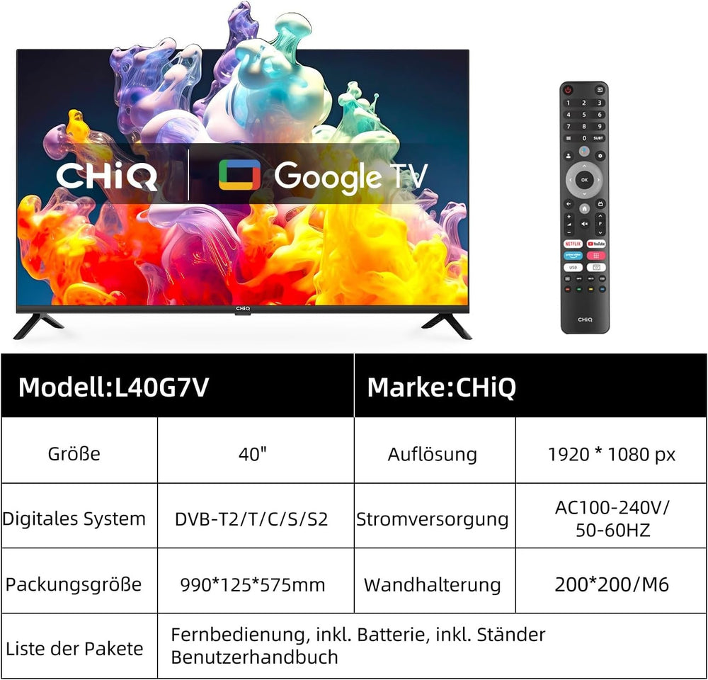 Televizor CHIQ L40G7V de 40 de inci, Google TV, FHD, design fără ramă, Asistent Google, Google Play, Chromecast încorporat, radio triplu (DVB-T2/S2/C), WLAN 5G, Bluetooth, HDMI ARC, USB 2.0, CI+