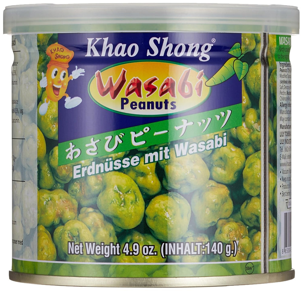 Piselli verdi fritti Khao Shong con wasabi, piselli croccanti in pastella piccante, un'alternativa a basso contenuto di grassi alla frutta secca, mediamente piccante, 1 lattina da 140 g | 140 g (1 confezione)