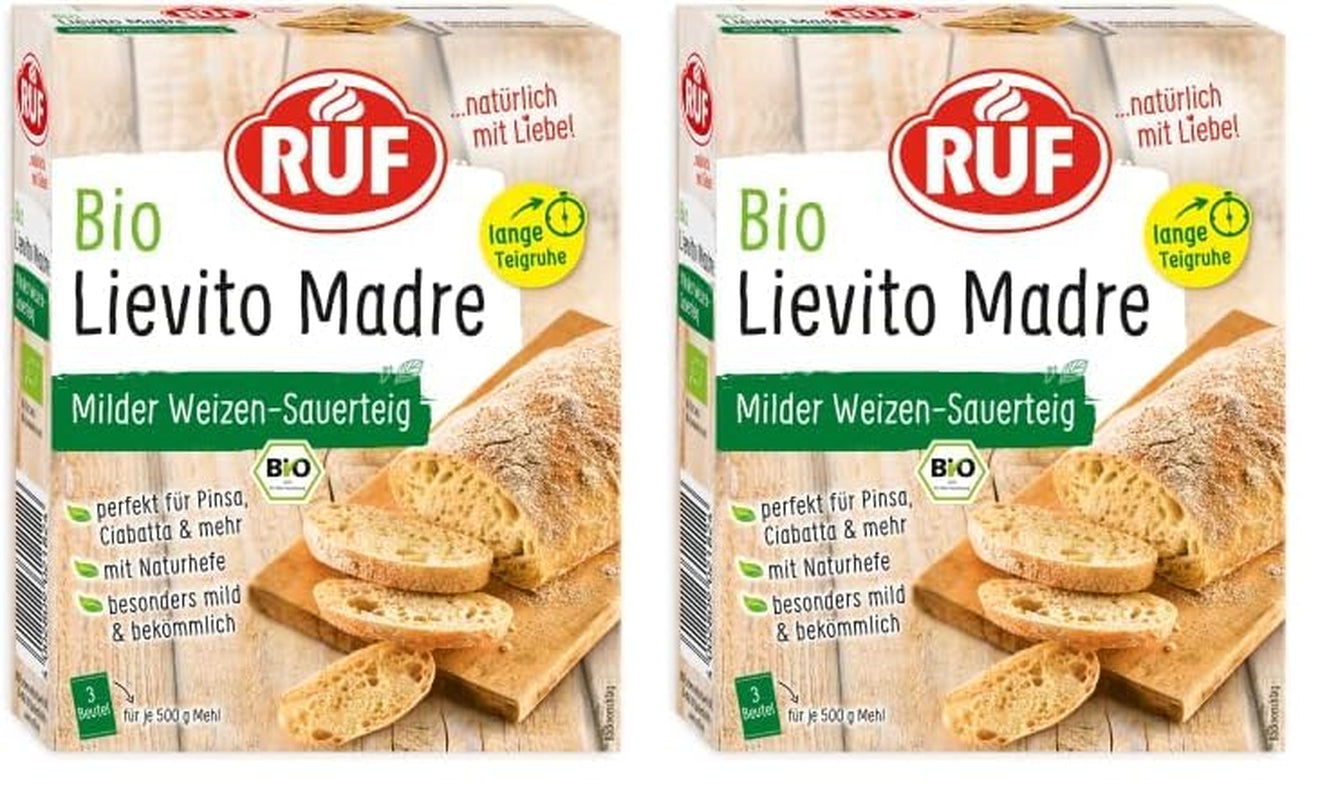 RUF Lievito Madre Sauerteig, Milder Weizen-Sauerteig, Mutterteig, Kurze Teigruhe Durch Enthaltene Trockenhefe, Lievito Madre Getrocknet Für Brot, Baguette, Focaccia, 3X35G Miscela per cuocere e cuocere Naty Shop 105 G (2Er Pack) Lange Teigruhe
