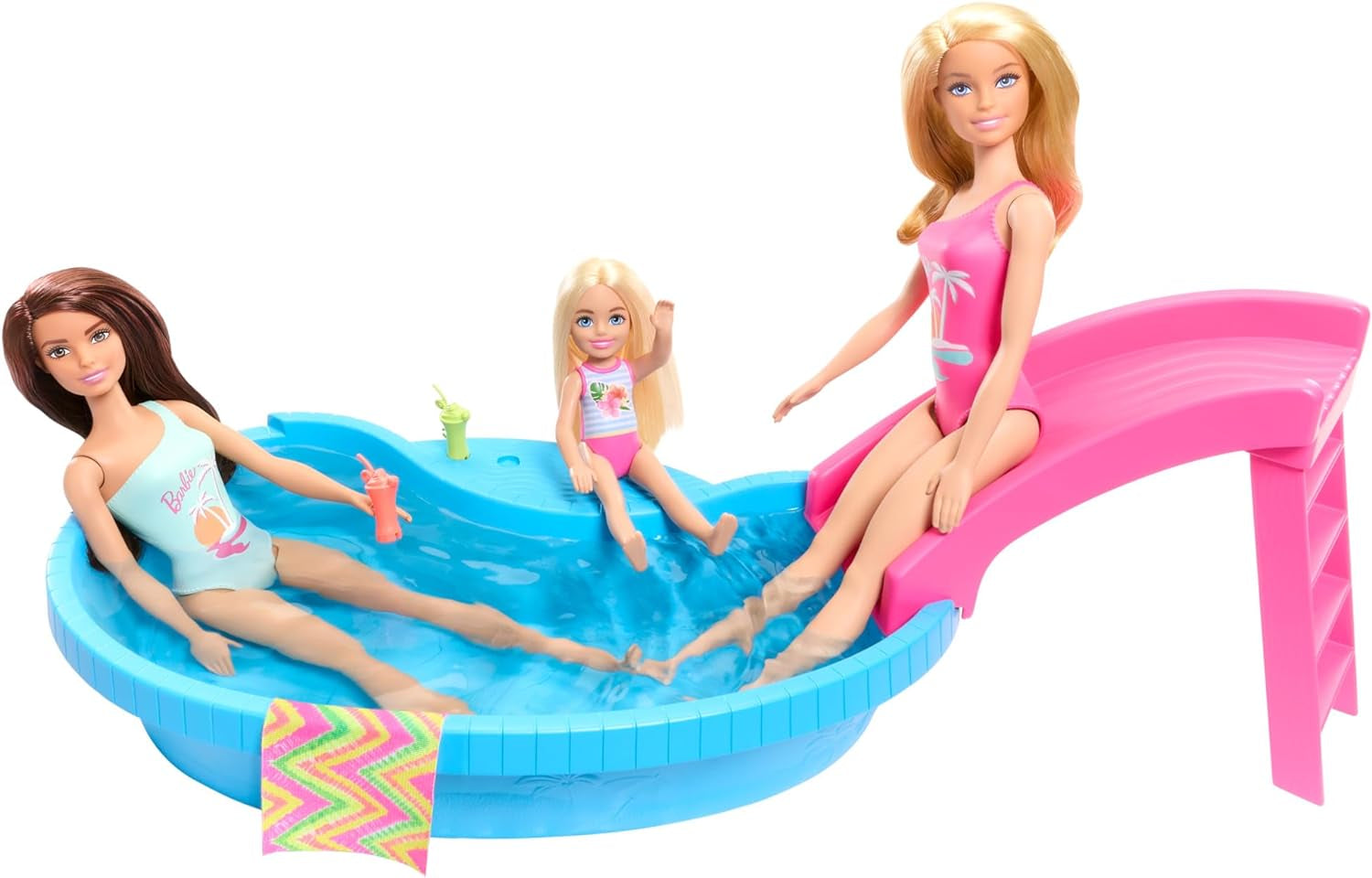Bambola Barbie e accessori - piscina con scivolo e accessori per ore di divertimento al sole, costume da bagno rosa con design tropicale, per bambini da 3 anni, HRJ74 Naty Shop Dollhouses